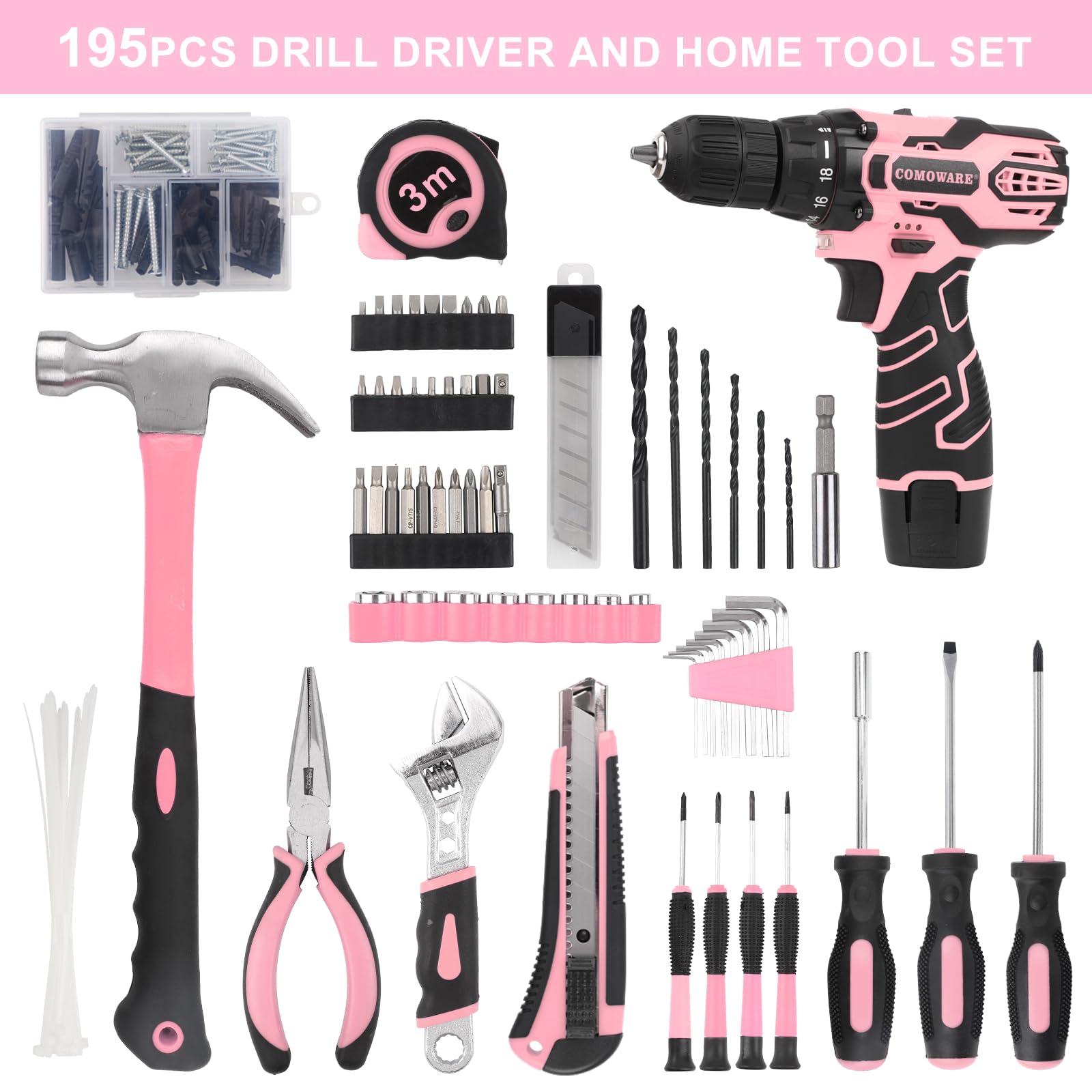 COMOWARE 195PCS Pink Home Tool Kit with 12V Cordless Power Drill - Household Repair Tool Set with Storage Case - Perfect for Women DIY Projects, Home Maintenance & Small Fixes