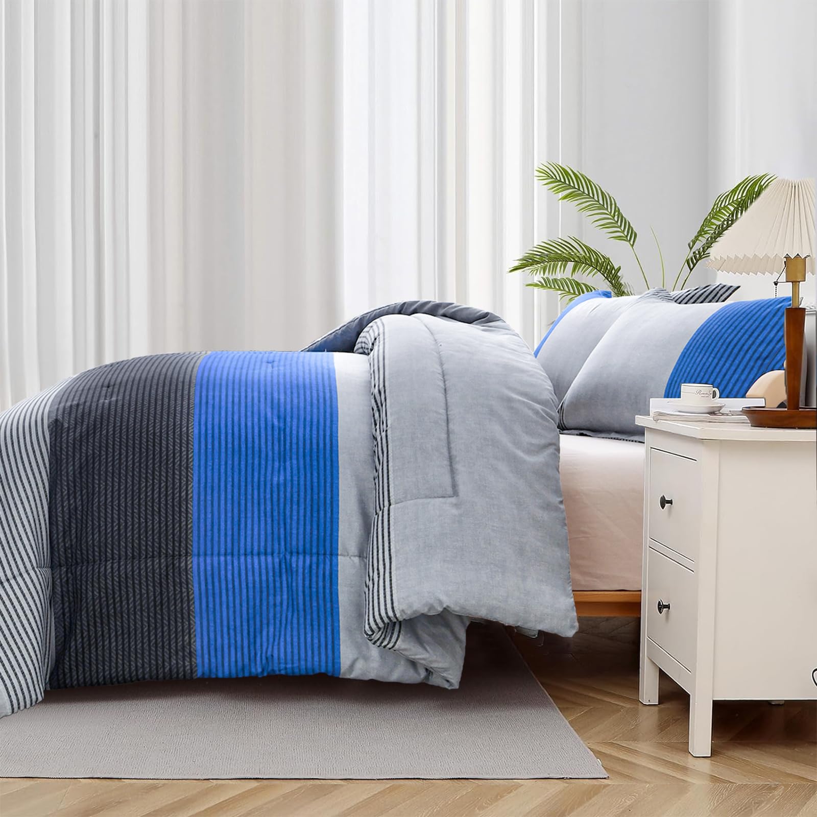WONGS BEDDING King Size Blue & Grey Reversible Down Alternative Comforter Set - 3 Piece Microfiber Bedding (104