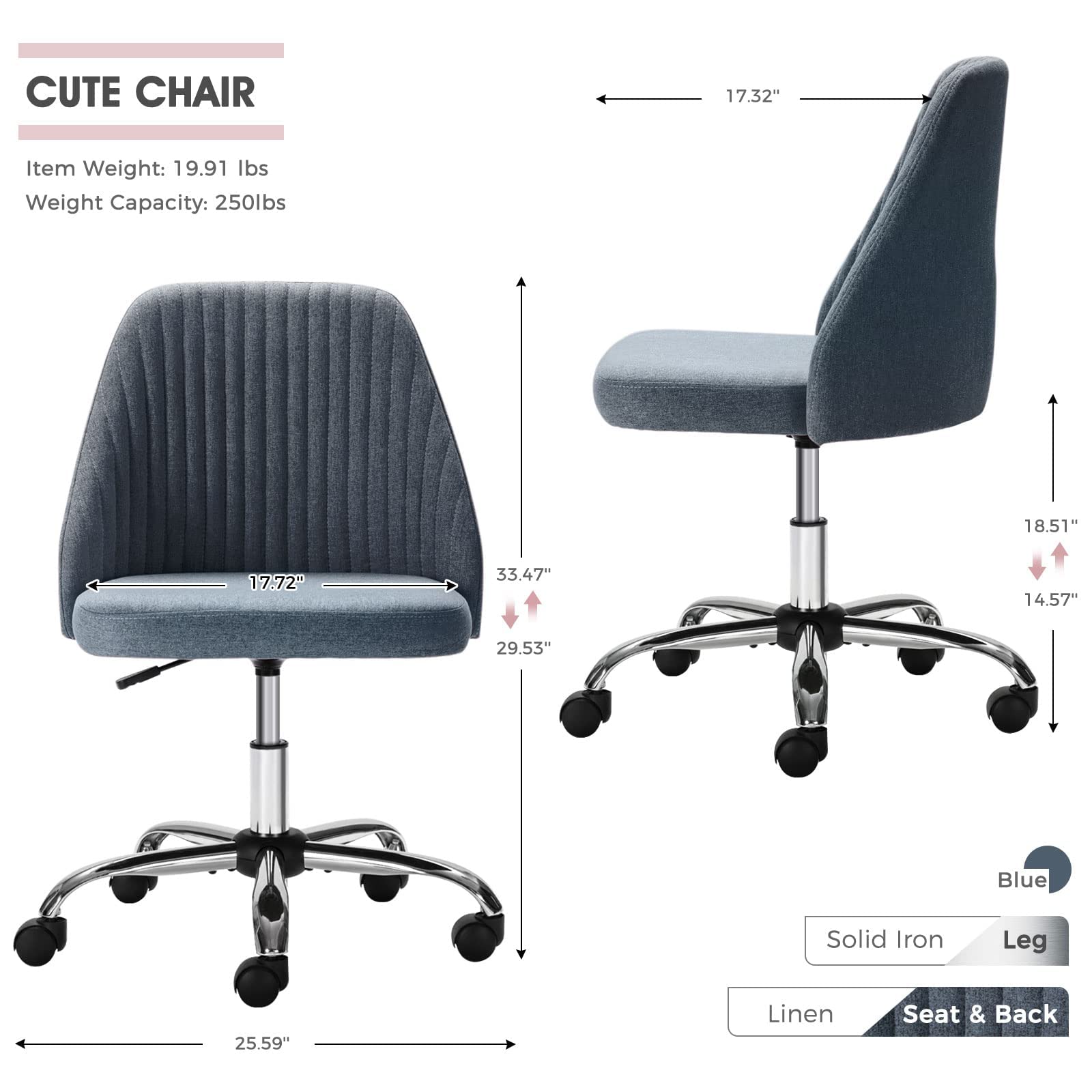 Ergonomic Home Office Desk Chair - Adjustable Rolling Task Chair with Lumbar Support, Armless Modern Design for Small Spaces, Bedroom, Makeup Vanity & Workspace - Comfortable Seating for Remote Work & Study