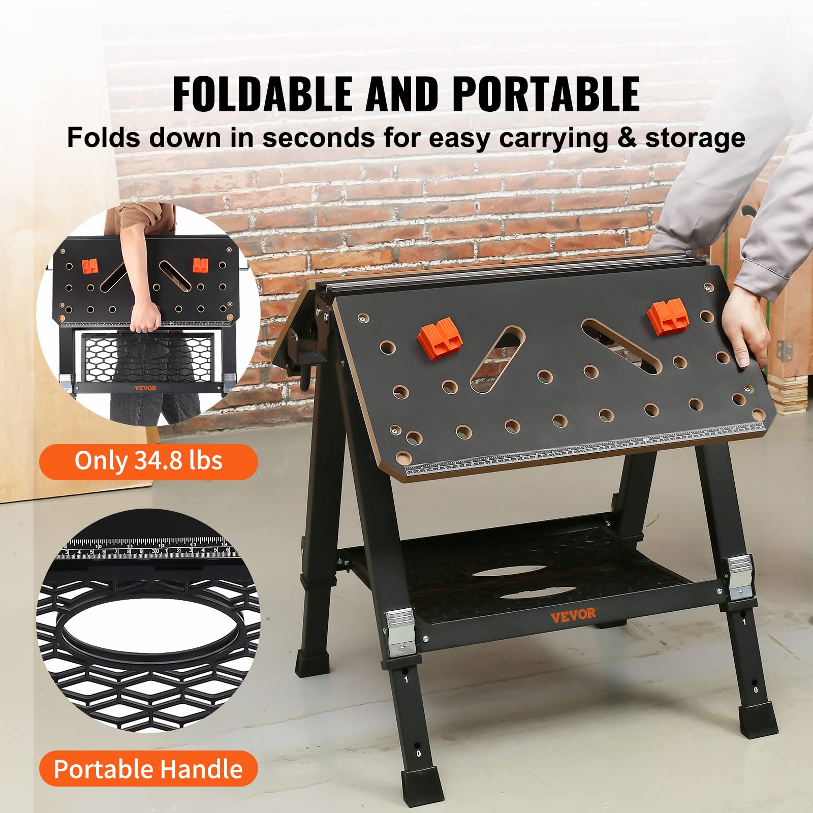 VEVOR Folding Work Table - Heavy Duty 1000 lbs Capacity Adjustable Workbench & Sawhorse, 7 Height Settings with Steel Legs, Portable Foldable Tool Stand Includes Wood Clamp, 4 Bench Dogs & 2 Hooks - Perfect for Woodworking, DIY Projects, Garage Storage and Job Site Use