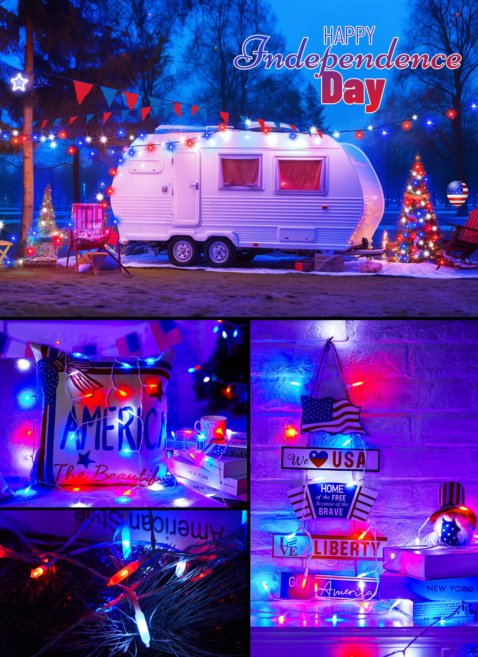 4th of July LED String Lights - 20 Waterproof Patriotic Lights for Outdoor Decor