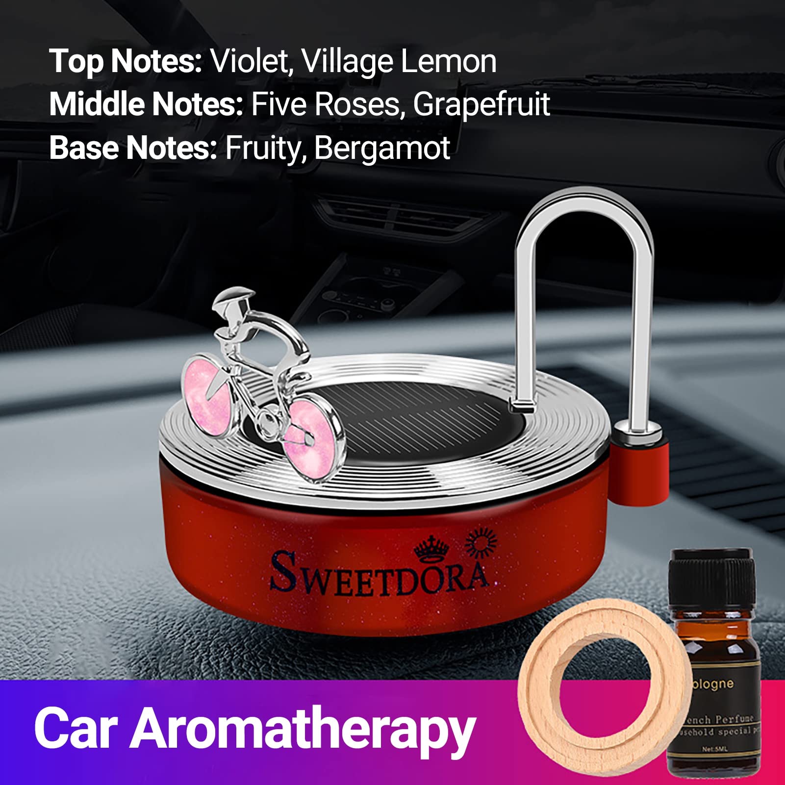 Solar Powered Rotating Car Air Freshener & Essential Oil Diffuser - Alloy Bicycle Model Car Decor, Interior Aromatherapy Accessories for Home & Office Use (Red) | Perfect for Car, Desk & Gift Giving