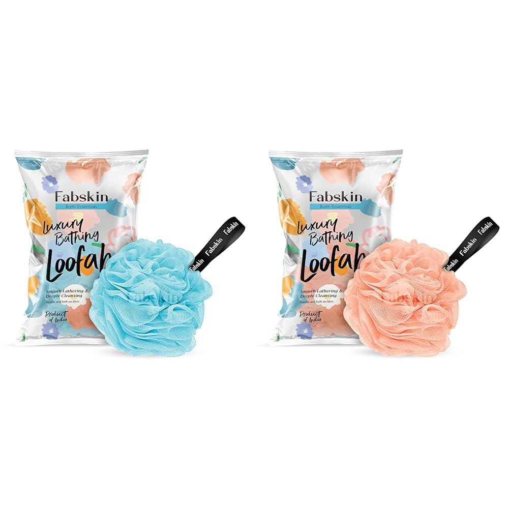 FABSKIN Exfoliating Bath Loofah Sponge - Blue & Peach - Natural Body Scrubber for Smooth Skin - Perfect for Shower, Bath, and Spa Use