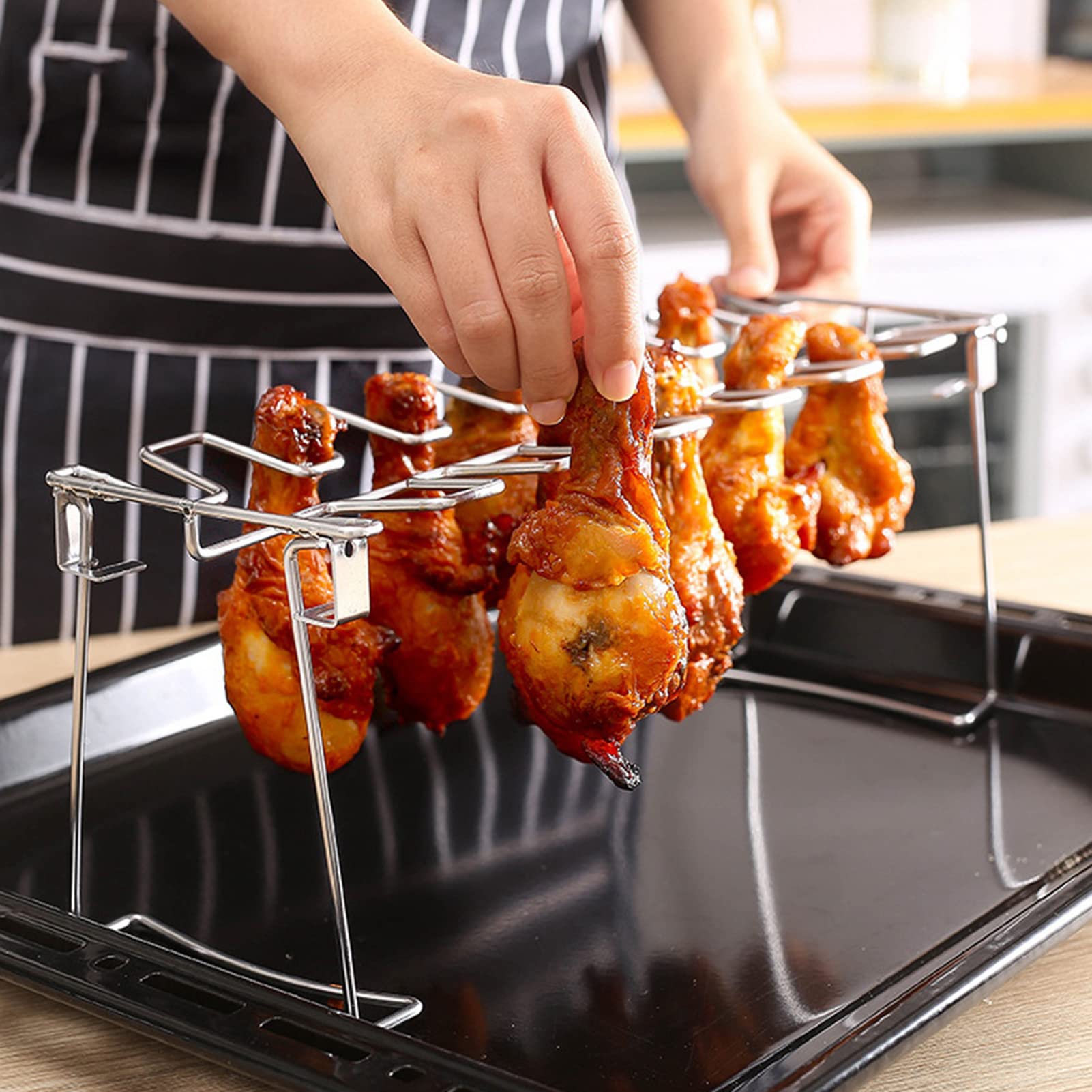 2-Piece Stainless Steel Chicken Wing & Leg Grill Rack - 14 Slot Non-Stick BBQ Rack for Smoker, Grill or Oven - Perfect for Backyard BBQs, Camping & Outdoor Cooking