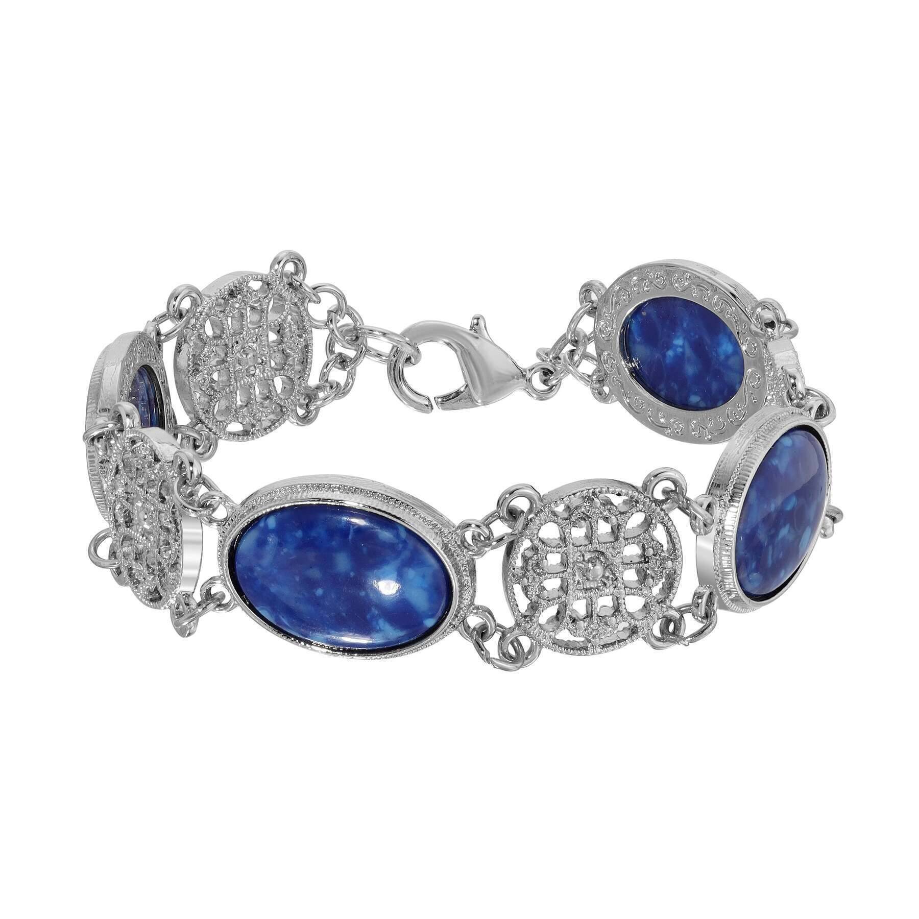 1928 Jewelry Meso Round Intricate Filigree Matrix Blue Stone Link Bracelet for Women - Vintage Inspired Bohemian Beaded Chain Bangle for Party, Wedding & Everyday Wear
