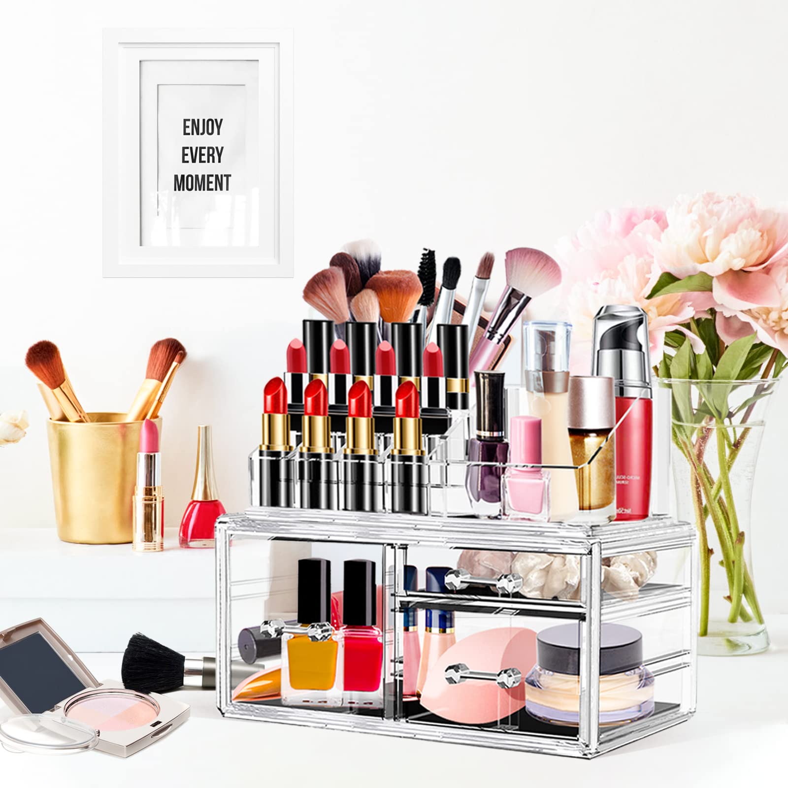 LINYAPRY Clear Acrylic Makeup Organizer - 9 Large Drawers Cosmetic & Jewelry Storage Box | Stackable Beauty Display Case for Skincare, Bathroom, Dresser & Vanity Countertop | Perfect for Makeup Artists & Home Organization