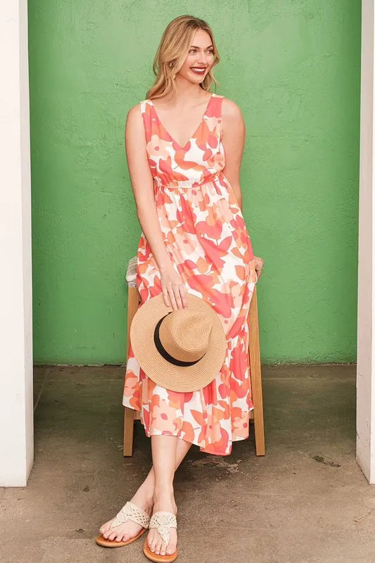 Floral Print Sleeveless V-Neck Midi Dress for Women | Lightweight Summer Dress for Beach, Vacation & Casual Wear