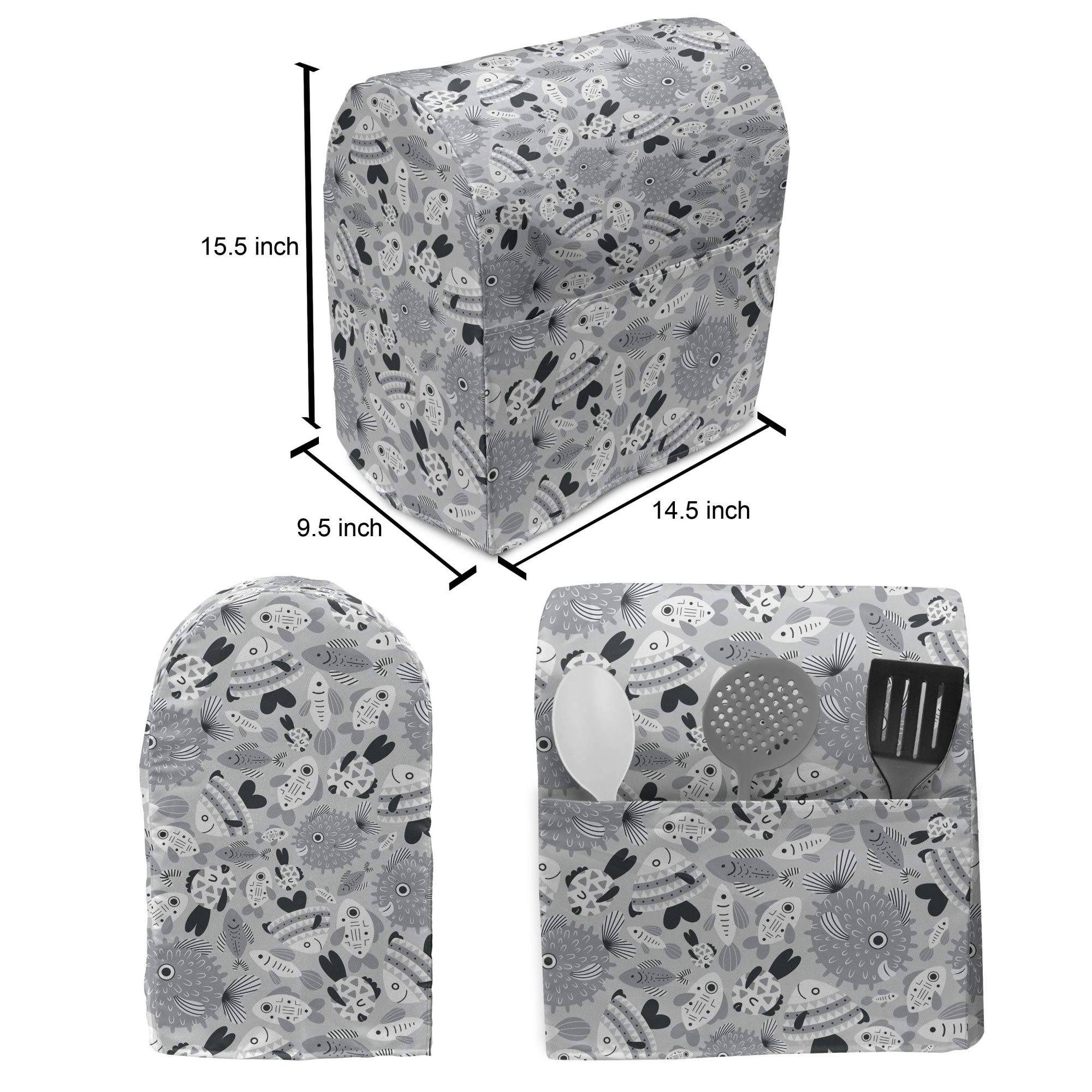 Ambesonne Stand Mixer Cover - Sea Fishes Ocean Bubbles Grey Cartoon Design, 6-8 Quart Kitchen Appliance Organizer with Pocket, Pearl & Pale Grey | Perfect for Kitchen Organization & Mixer Protection