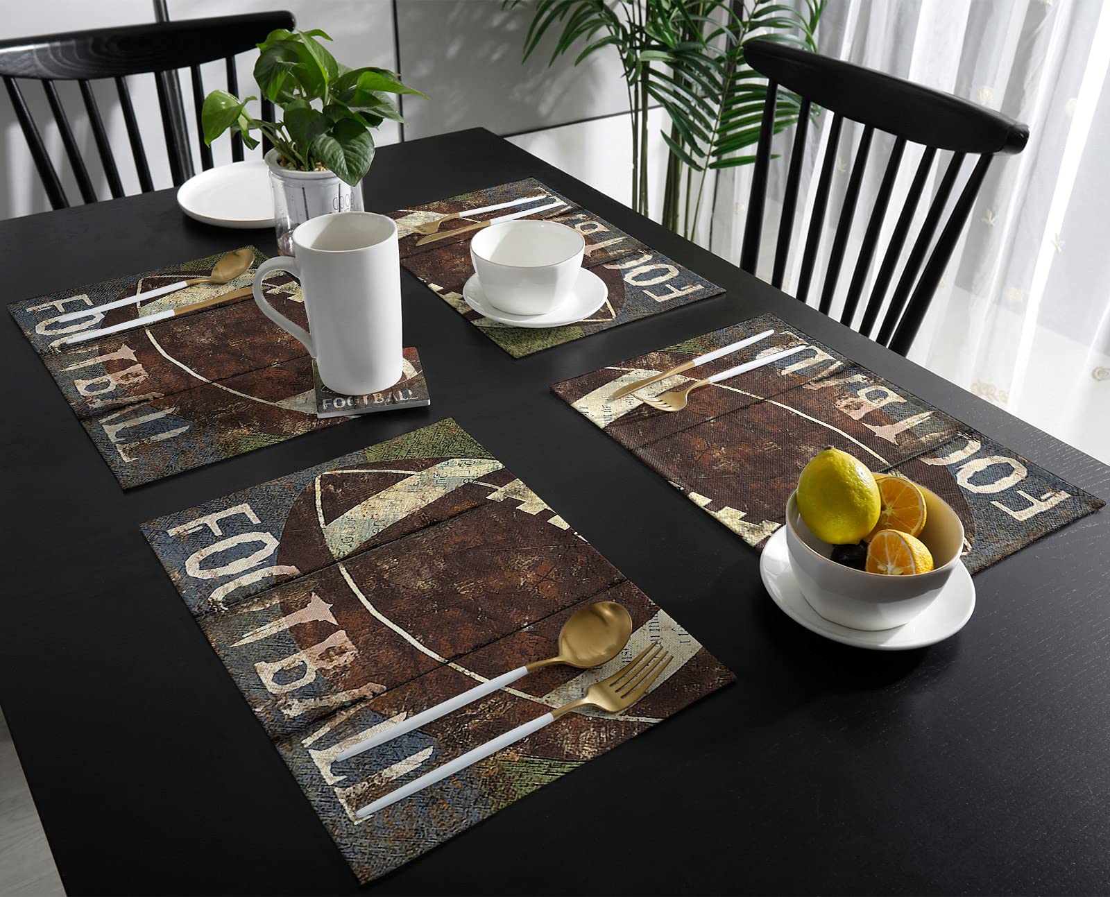 Rugby Football Placemats Set of 4 - Cotton Linen Kitchen Table Mats for Dining Room, Rustic Sports Decor, Farmhouse Style with Wood Grain Design in Red Green Blue Colors, Waterproof Burlap Dinner Table Mats - Perfect for Game Day Parties, Family Gatherings & Sports-Themed Home Decor