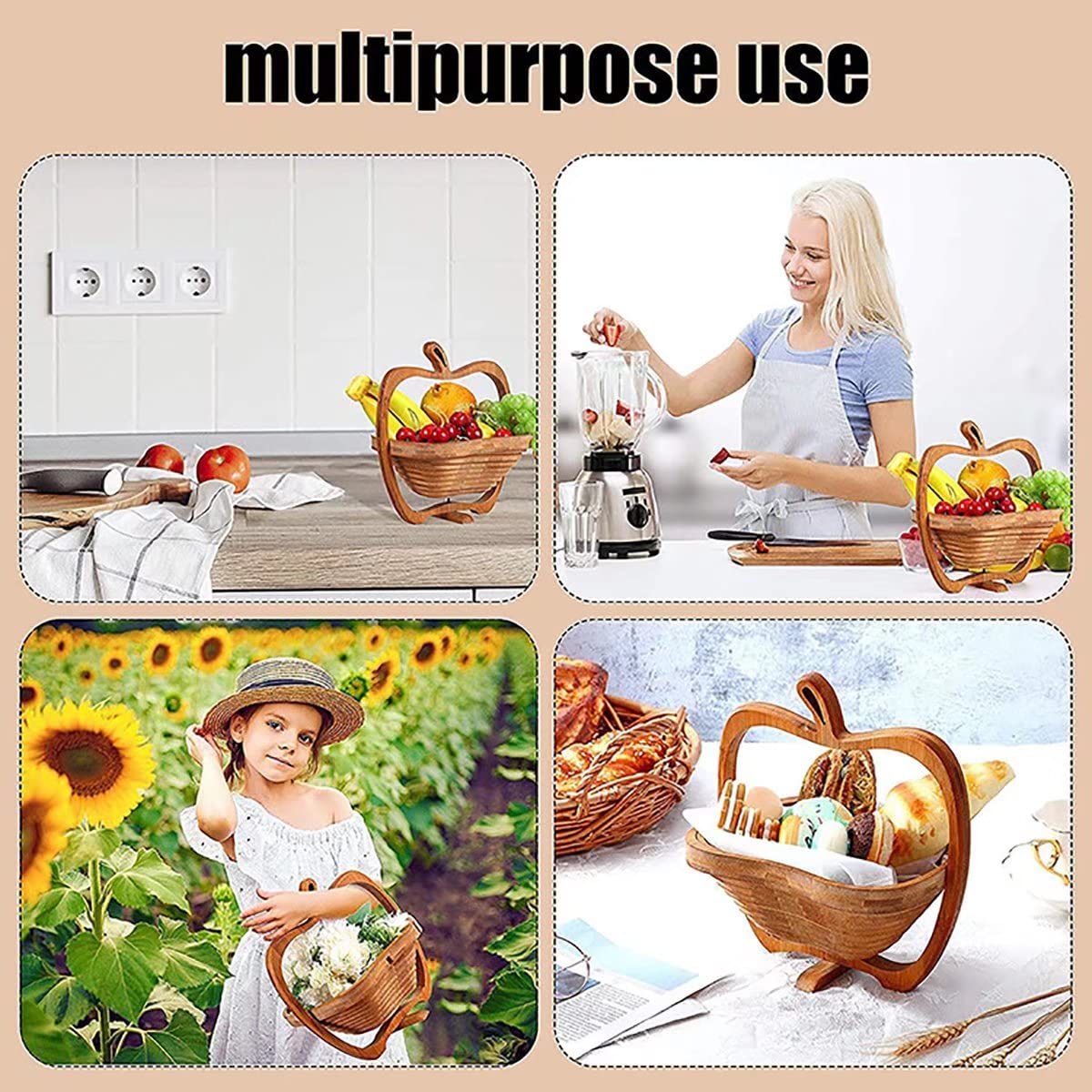 Foldable Bamboo Fruit Basket - Apple Shaped Collapsible Dried Fruit, Nuts & Candy Bowl | Wooden Snack Box for Kitchen Counter, Dining Table & Party Serving | Perfect for Fruits, Bread, Snacks & Gift Giving