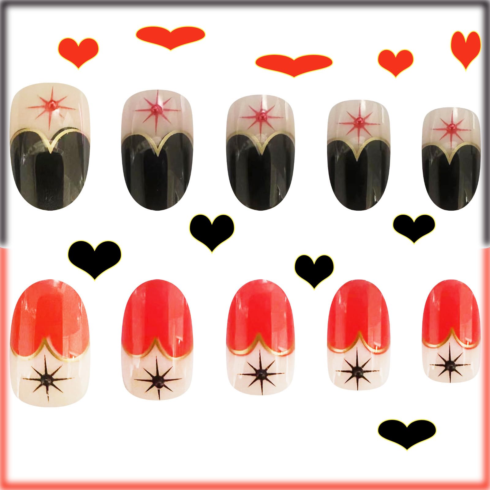 Red & Black Heart French Tip Press On Nails - Short Almond Fake Nails with Punk Design, Glossy Nude False Nails with Pearl Star Manicure Art - Easy Glue On Nails for Women & Girls - Perfect for Parties, Date Nights & Y2K Fashion Looks