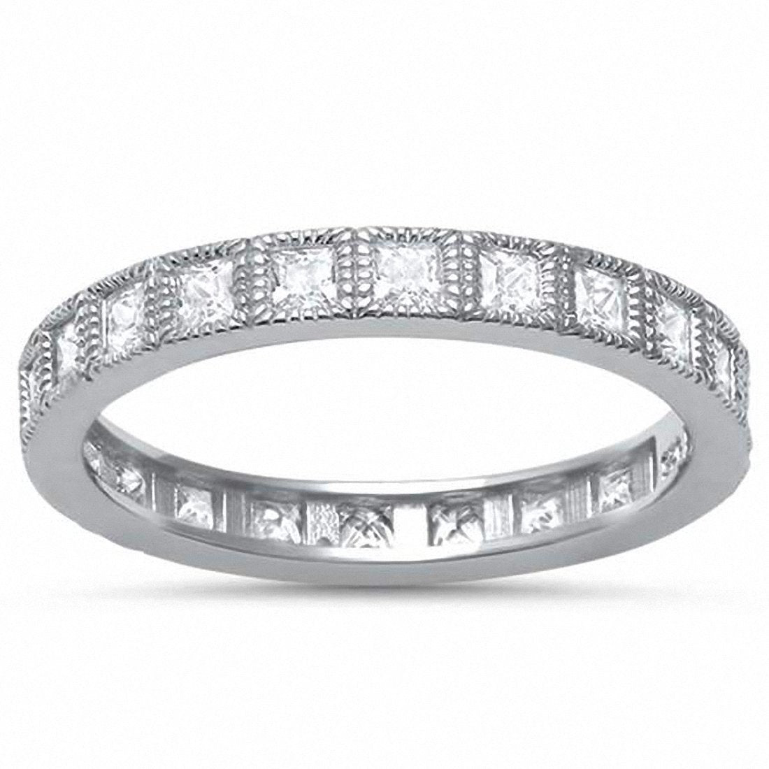 3mm Princess Cut Cubic Zirconia Eternity Band Ring - 925 Sterling Silver Wedding Jewelry (Choose Your Color) - Perfect for Anniversaries, Engagements & Special Occasions
