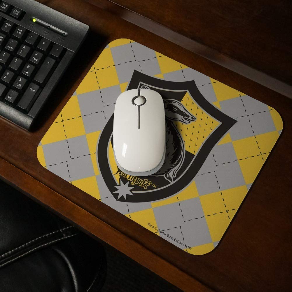 Harry Potter Hufflepuff Crest Plaid Low-Profile Gaming Mouse Pad - Perfect for PC, Laptop & Office Workstations - Official Hogwarts House Merchandise