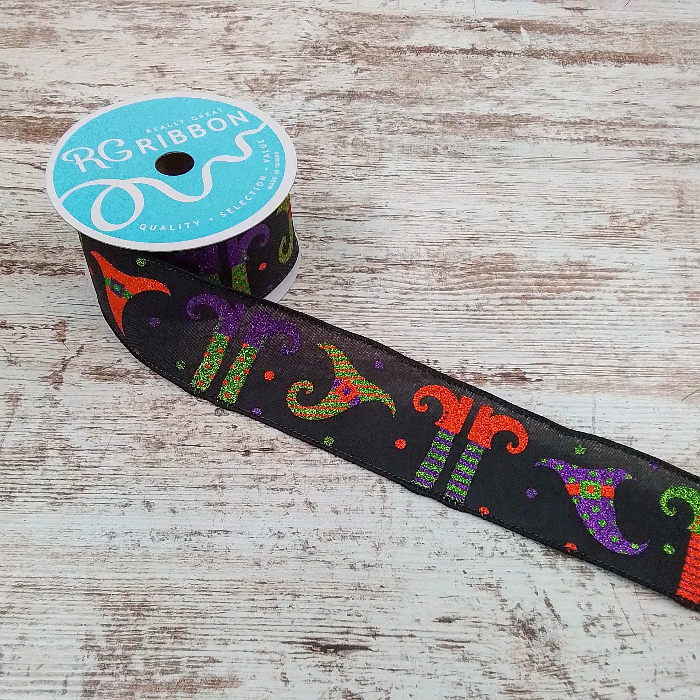 Glitter Witch Legs & Hats Wired Edge Ribbon - 2.5 Inches x 10 Yards Black Halloween Decoration for Costumes, DIY Crafts, Party Decor, and Gift Wrapping