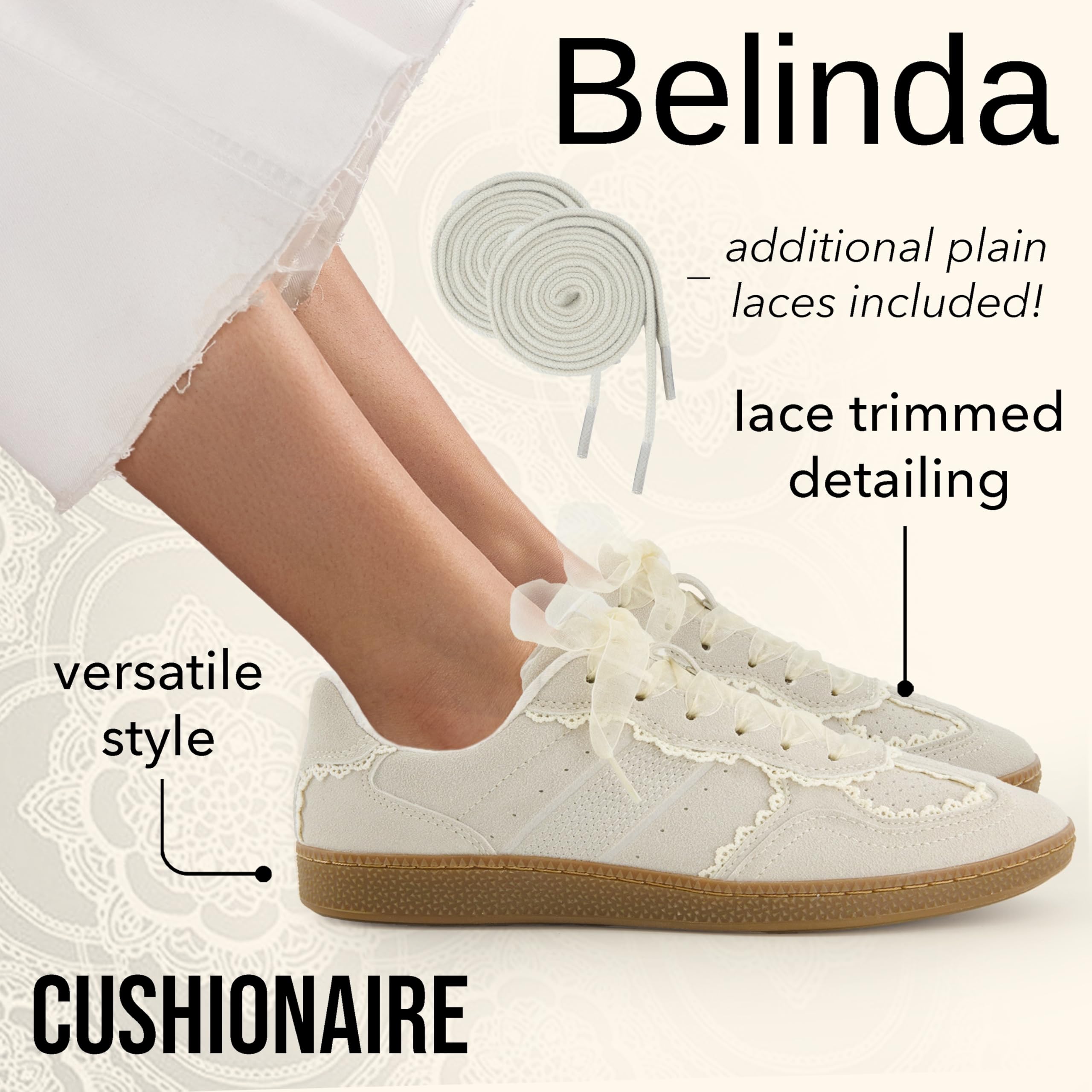 CUSHIONAIRE Women's Belinda Casual Sneakers with Lace Detail & Memory Foam - Elegant Ribbon Lace-Up Comfort Shoes for Walking, Work & Everyday Wear