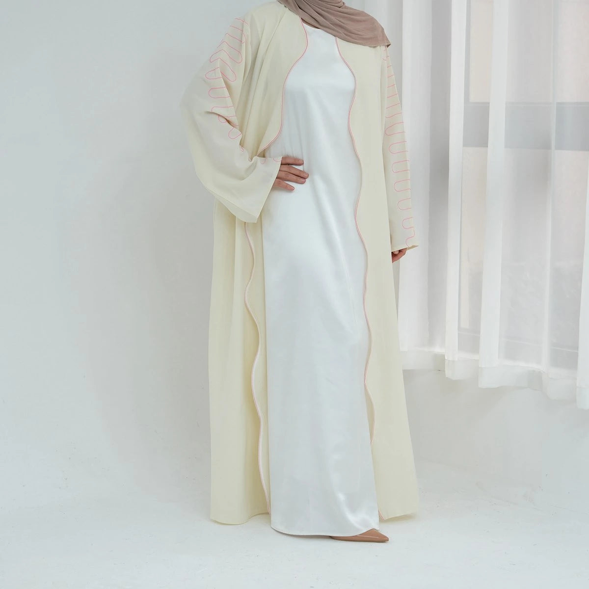 Urgarment Elegant Embroidery Sleeve Nida Cardigan Open Abaya Dress #24887 - Perfect for Muslim Women's Prayer, Mosque Wear & Modest Fashion Outfits