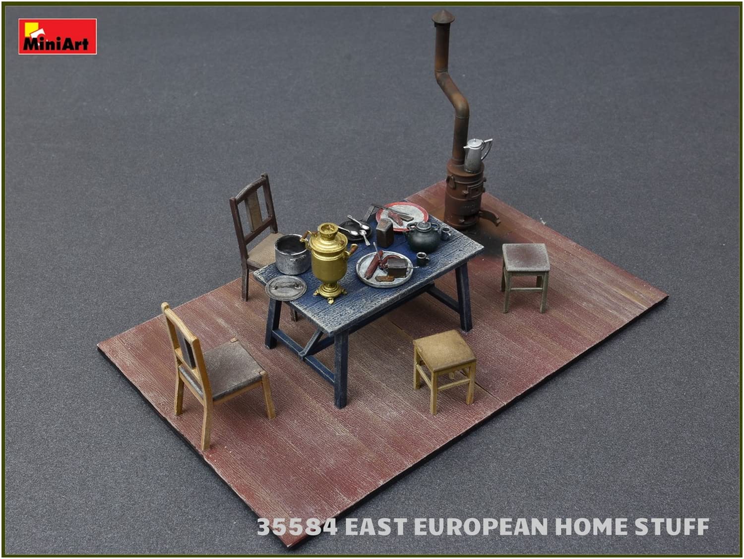 1/35 Scale Mini Art MA35584 Eastern European Household Furniture Model Kit - Tables, Chairs, Tableware & Stove for Diorama, Wargaming & Historical Display