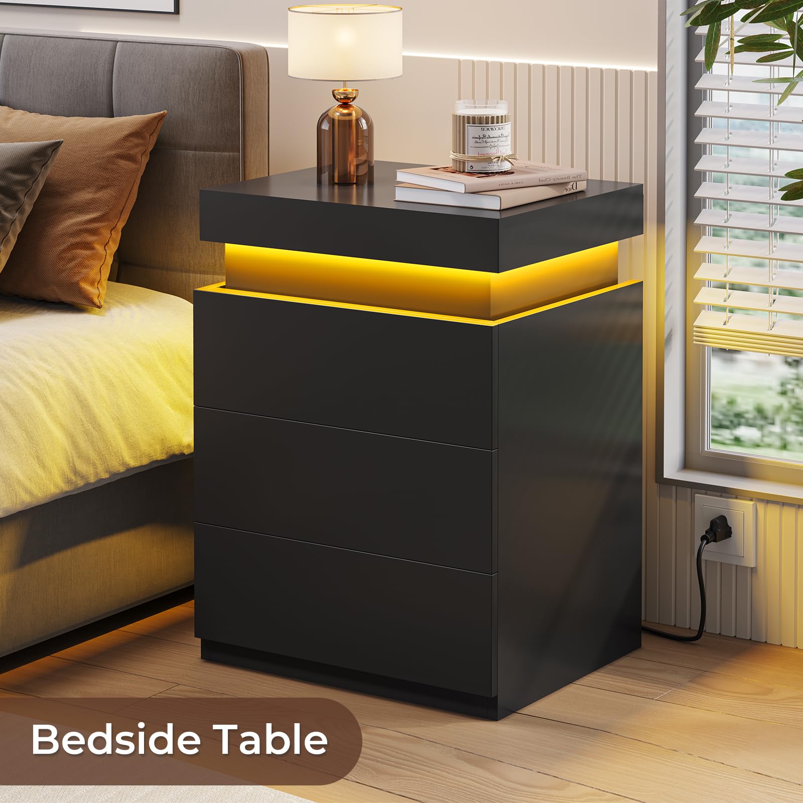 2-Pack LED Nightstands with Charging Station & Power Outlets - Modern Bedside Tables with Sliding Top & Drawers for Bedroom - Black End Side Tables (Perfect for Small Spaces & Apartment Living)