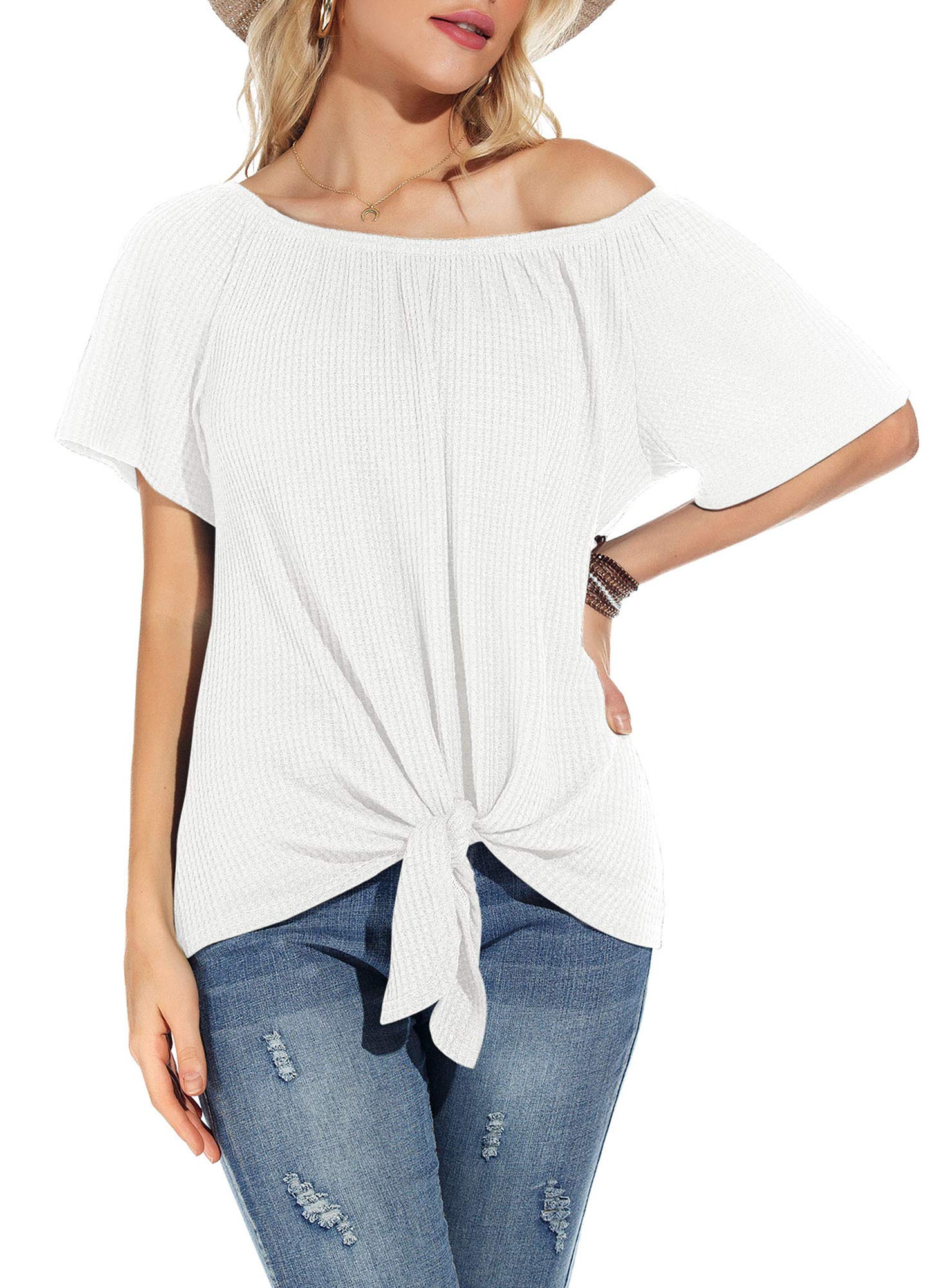 Women's Waffle Knit Off-Shoulder Casual Short Sleeve Blouse Summer Tie Knot Loose T-Shirt - Perfect for Beach Outings, Date Nights & Summer Vacations