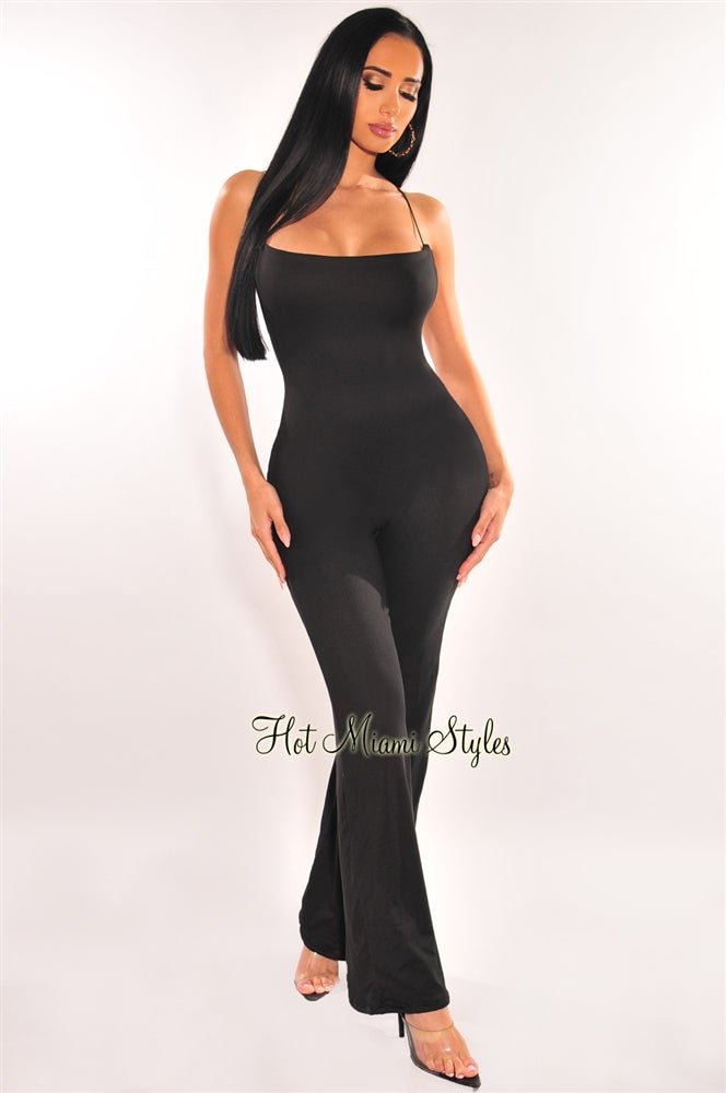 Black Elastic Straps Crisscross Palazzo Jumpsuit for Women - Comfortable Wide Leg Romper with Adjustable Waist - Perfect for Summer, Beach, and Casual Outings