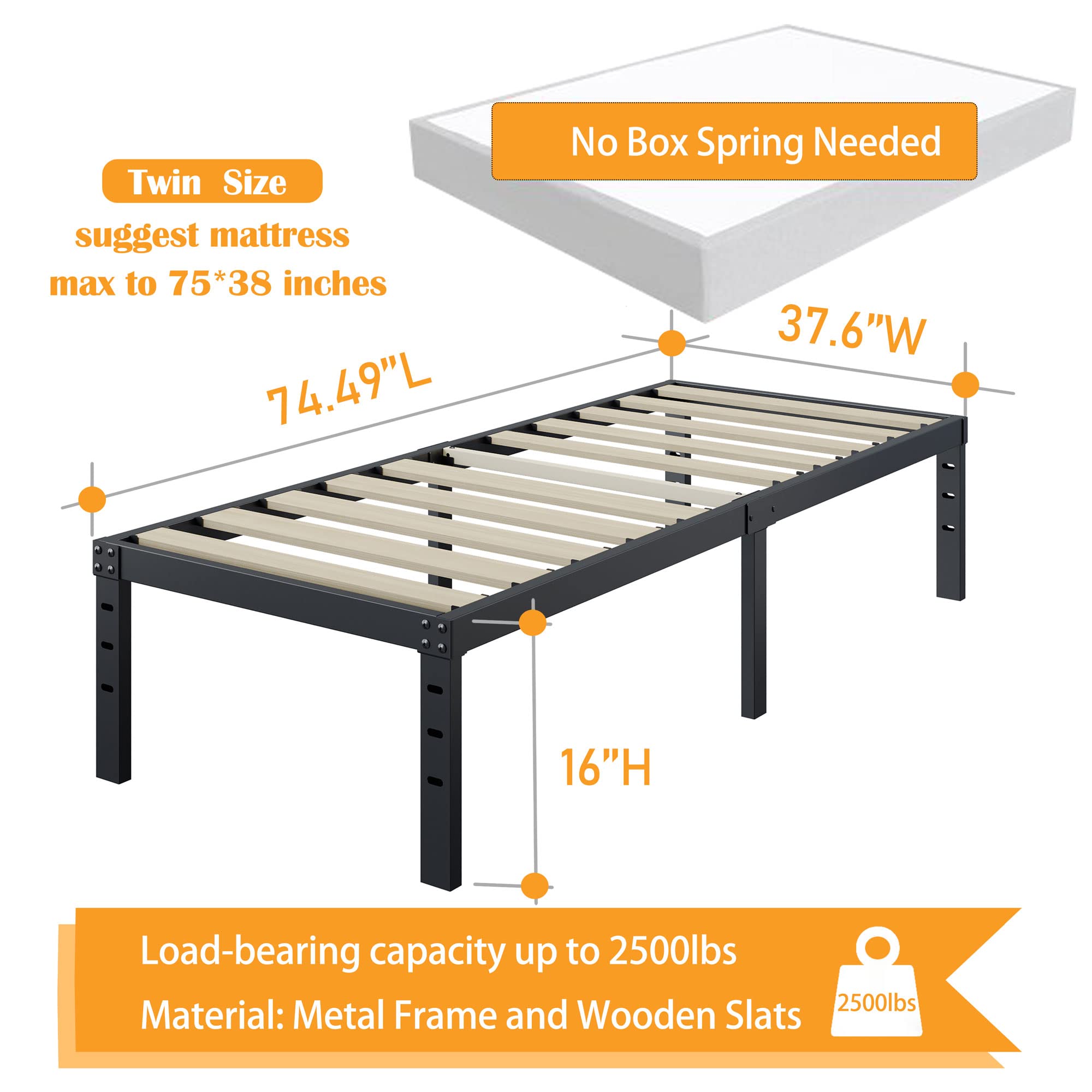 ZIYOO Twin Size Bed Frame - 16 Inch Height, 3 Inch Wide Wood Slats with 2500 lbs Support - Heavy Duty Platform Bed for Foam Mattress (No Box Spring Needed) - Easy Assembly & Noise Free - Perfect for Kids Rooms, Guest Beds & Small Apartments