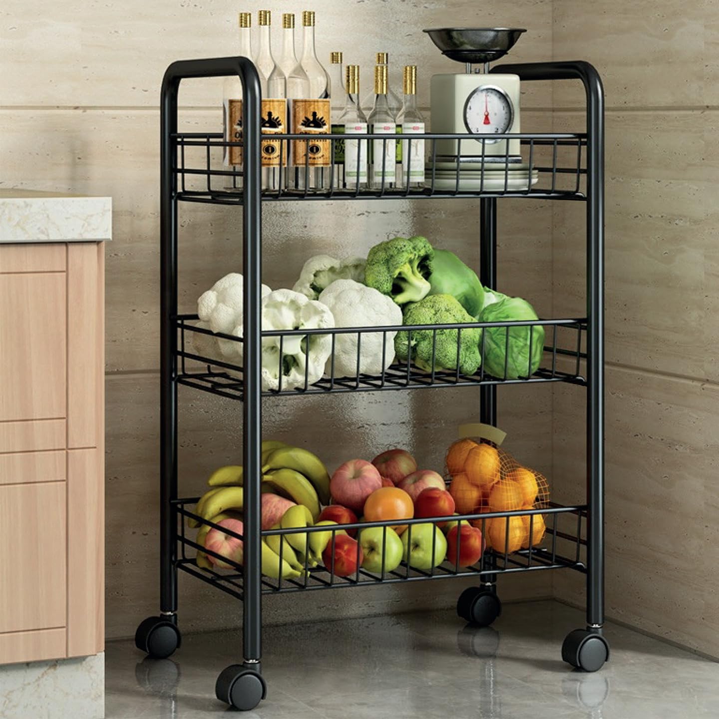 3-Tier Rolling Kitchen Storage Cart - Black Organizer Basket for Fruits, Vegetables, Books & Tools | Space-Saving Mobile Trolley for Pantry, Office, Dorm & Garage Organization