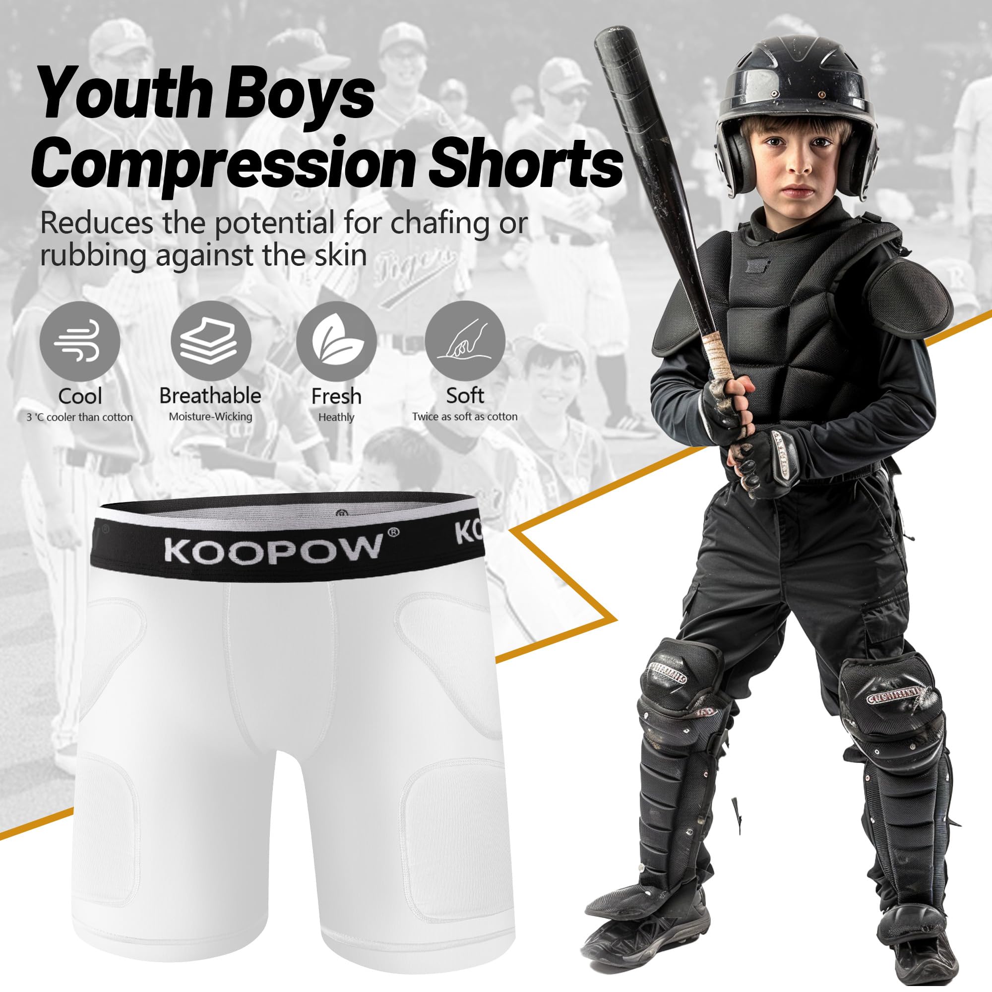KOOPOW Youth Boys Padded Sliding Shorts with Soft Protective Athletic Cup - Baseball Football Lacrosse Protective Gear for Kids - Perfect for Training, Games & Sports Safety