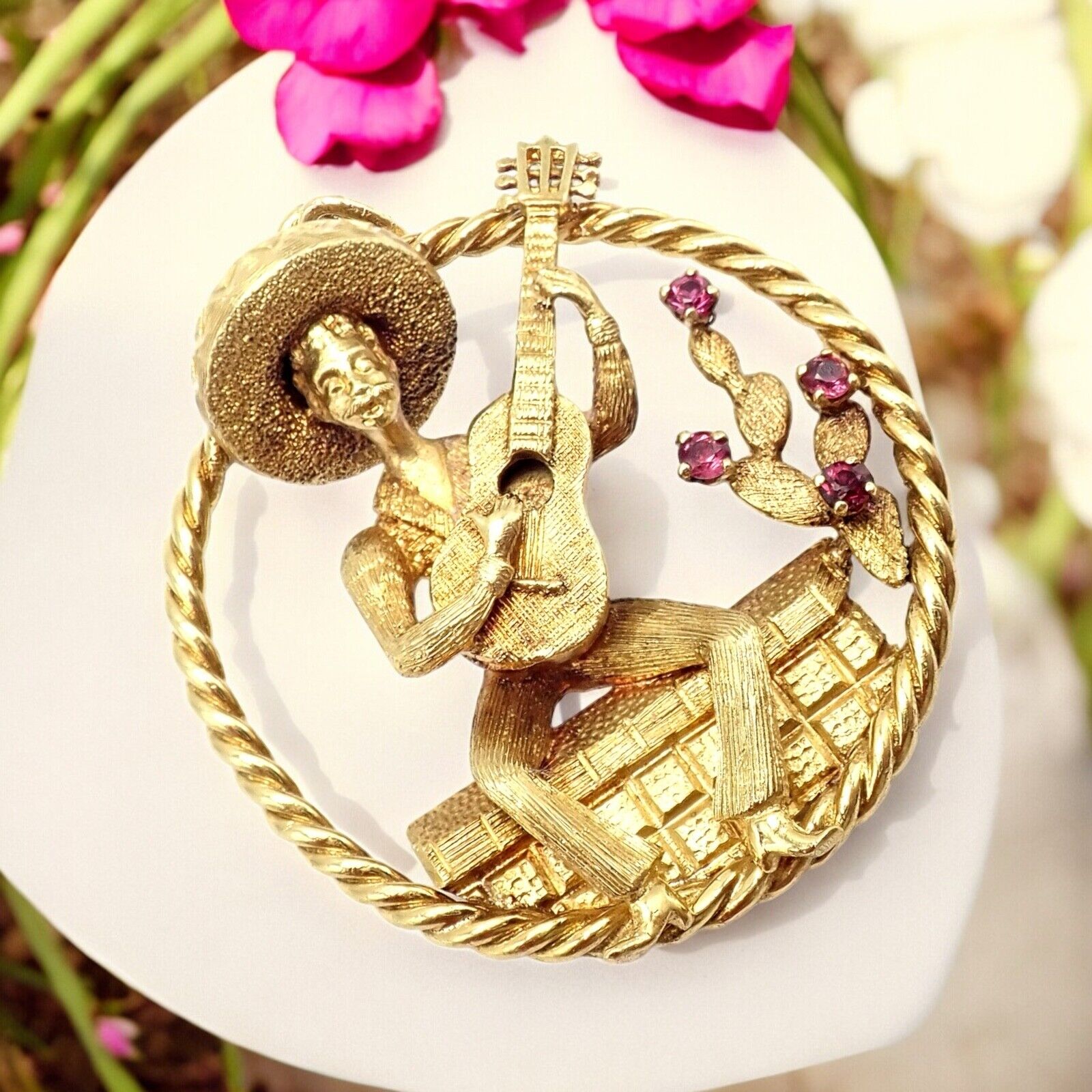 Authentic Rudi Cherny 18k Yellow Gold Guitar Player Cactus Ruby Pendant Necklace - Perfect for Music Lovers & Western Style Jewelry Gifts