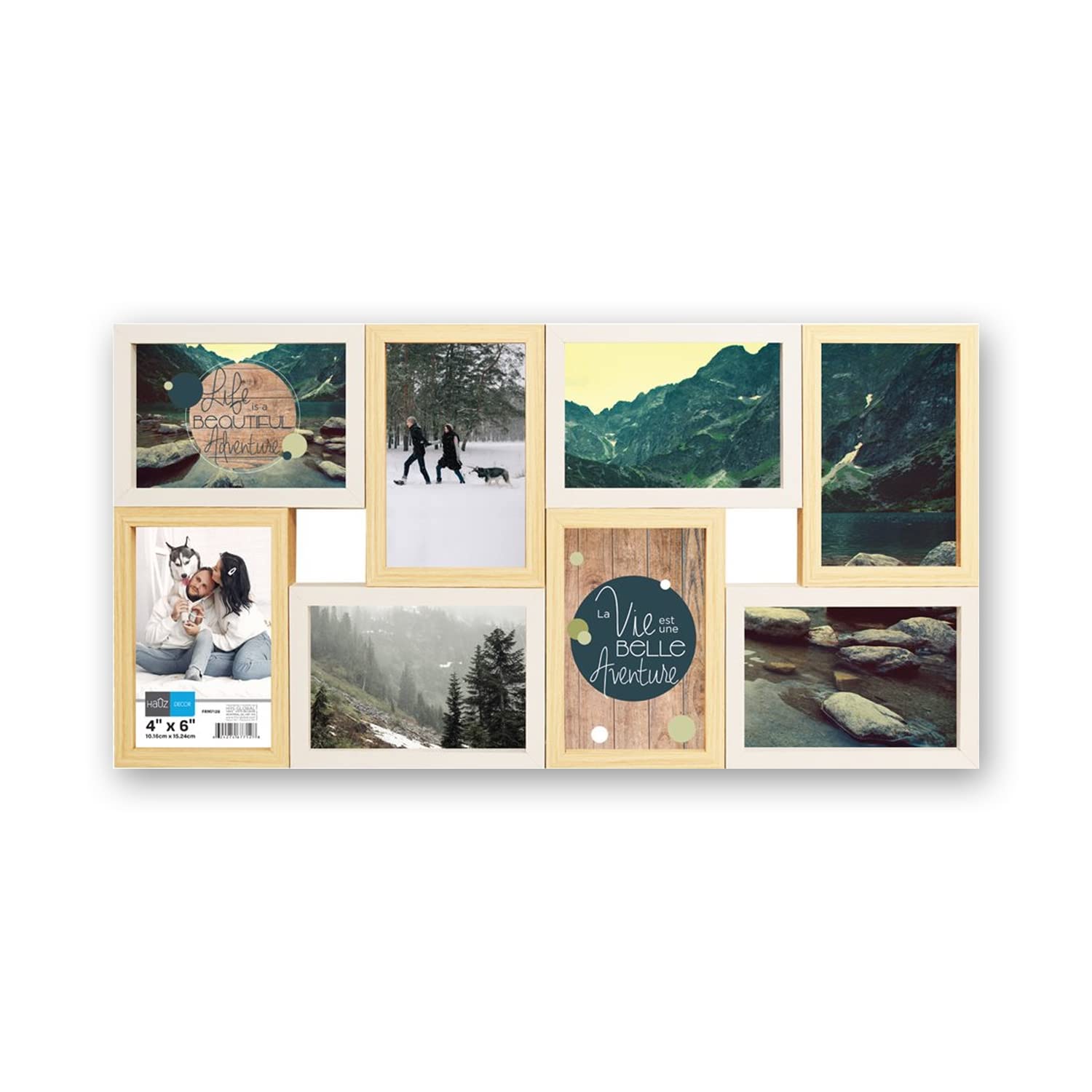Hauz FRM7128 8-Photo 4x6 Floating Collage Picture Frame - White & Light Wood Finish - Perfect for Wall Decor, Living Room, Bedroom, Office Display