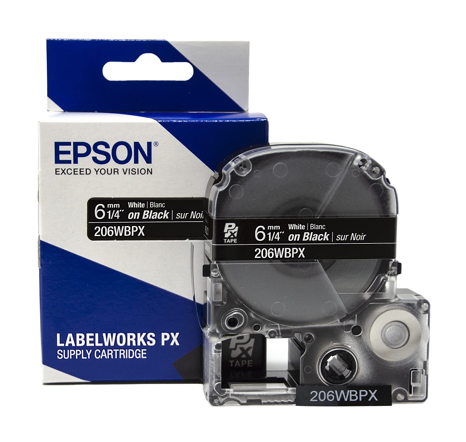 Epson LABELWORKS 206WBPX PET Polyester Tape Cartridge - White on Black Label Maker Tape - 1/4 Inch (6mm) Wide, 30 Feet - Perfect for Office, Warehouse & Home Organization
