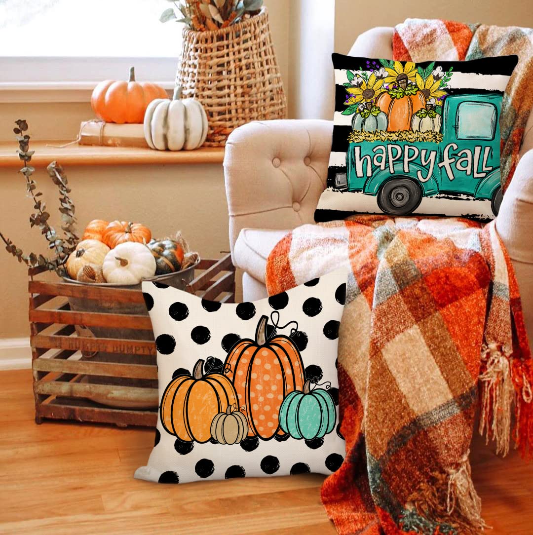 18x18 Fall Decor Pillow Covers Set of 4 - Pumpkin Farmhouse, Polka Dot, Buffalo Check & Sunflower Striped Designs for Thanksgiving Home Decor | Cozy Seasonal Throw Pillow Cases for Sofa, Living Room & Porch