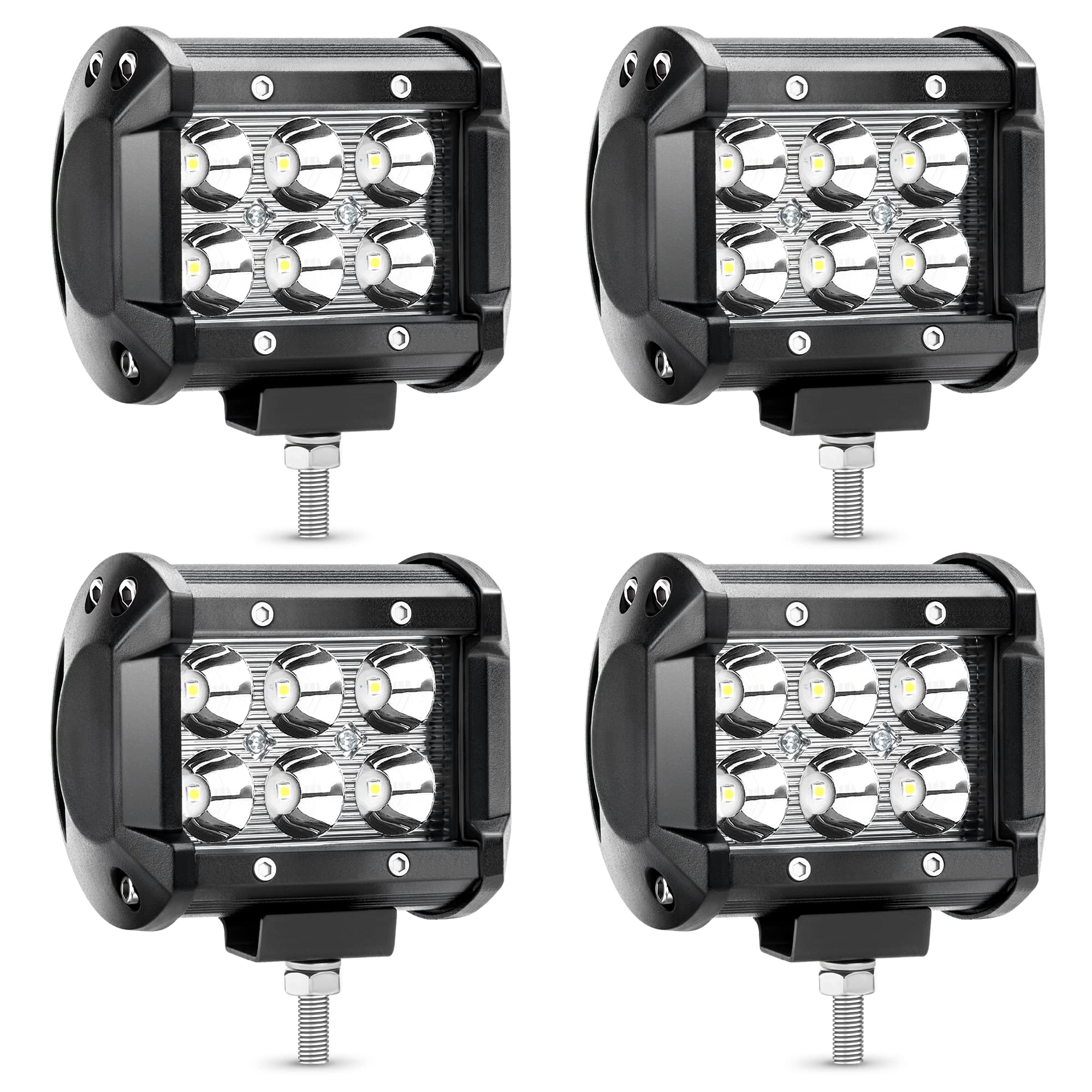 YITAMOTOR 4PCS 18W 4-Inch LED Light Bar Pods - Waterproof Off-Road Spot Work Lights for Jeep, 4WD, SUV, ATV, Truck & Boat (12V/24V) - Durable Fog & Driving Lights with 2-Year Warranty - Perfect for Night Off-Roading, Camping & Emergency Lighting
