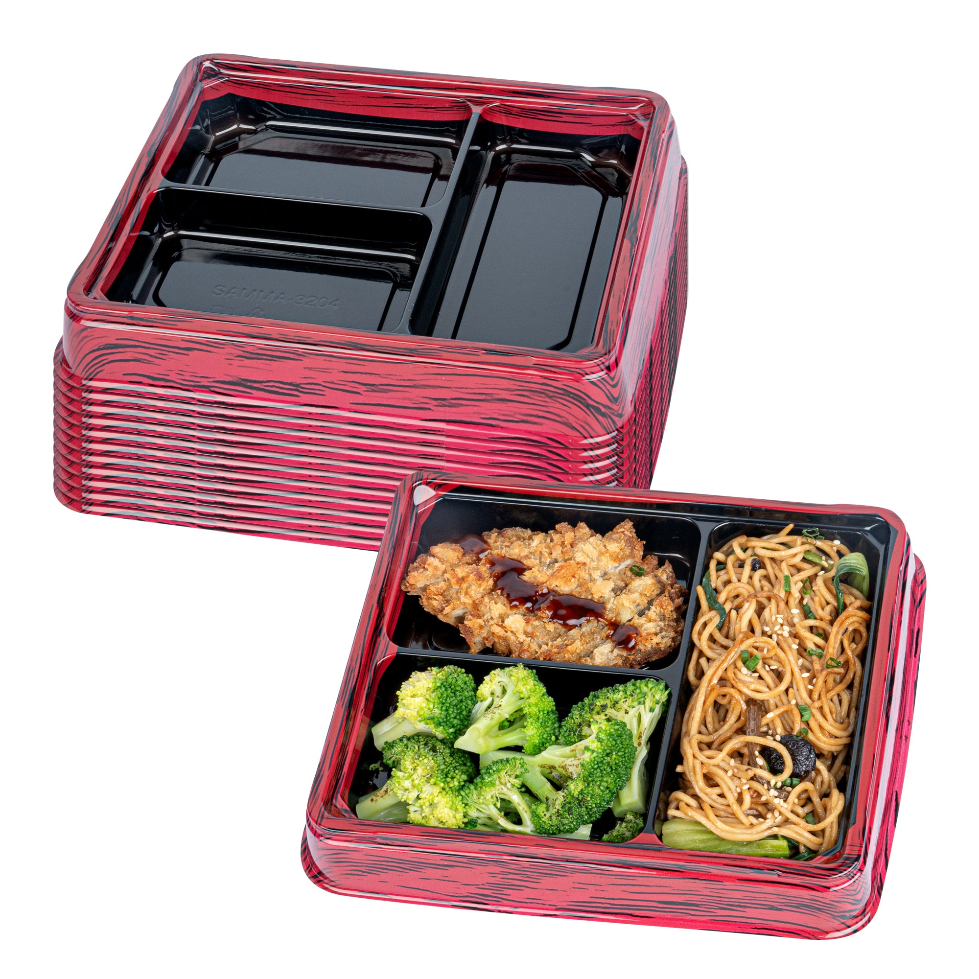 Bento Tek 16 oz Rectangle Red and Black Plastic Bento Box with 3 Compartments - 8.75