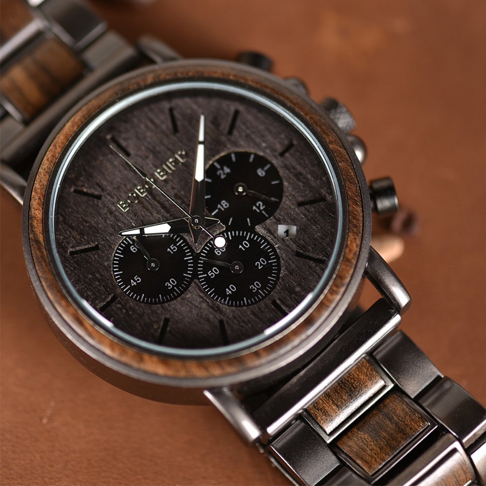 BOBO BIRD Men's Wooden Watches - Wood & Stainless Steel Chronograph Military Quartz Watch for Casual Wear - Perfect for Outdoor Adventures, Business Meetings and Everyday Fashion