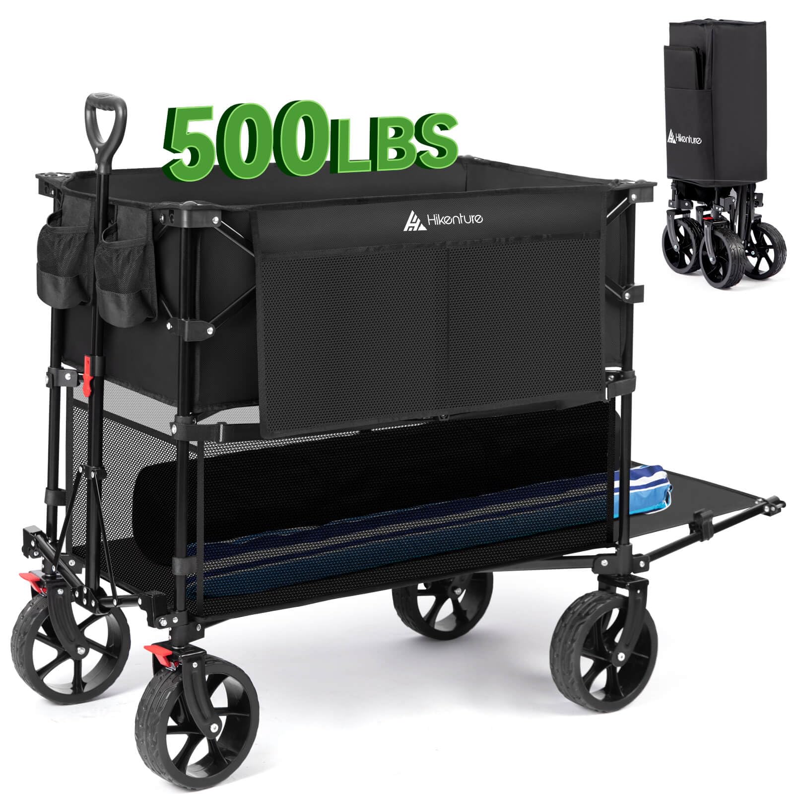 Hikenture 400L Extra Large Double Decker Beach Wagon with Big Wheels - Heavy Duty 500LBS Capacity Collapsible Utility Cart with Tailgate - Foldable for Beach, Sports, Camping, Picnics & Outdoor Adventures
