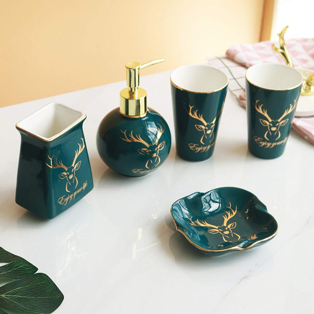 5-Piece Green Ceramic Bathroom Accessory Set with Soap Dispenser, Lotion Pump, Toothbrush Holder, Tumbler & Storage Tray | Golden Deer Head Design | Perfect for Modern Bathrooms, Guest Suites & Spa-Style Decor