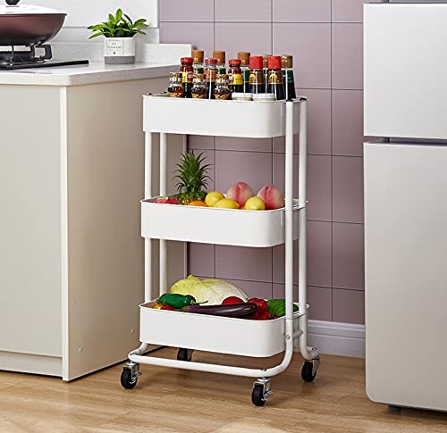 White Rotating Kitchen Storage Cart with Wheels - 3-Tier Adjustable Height Metal Utility Trolley with Hanging Cups for Spices & Utensils - Perfect for Small Kitchens, Pantry Organization & Bathroom Storage (3-Tier Size)