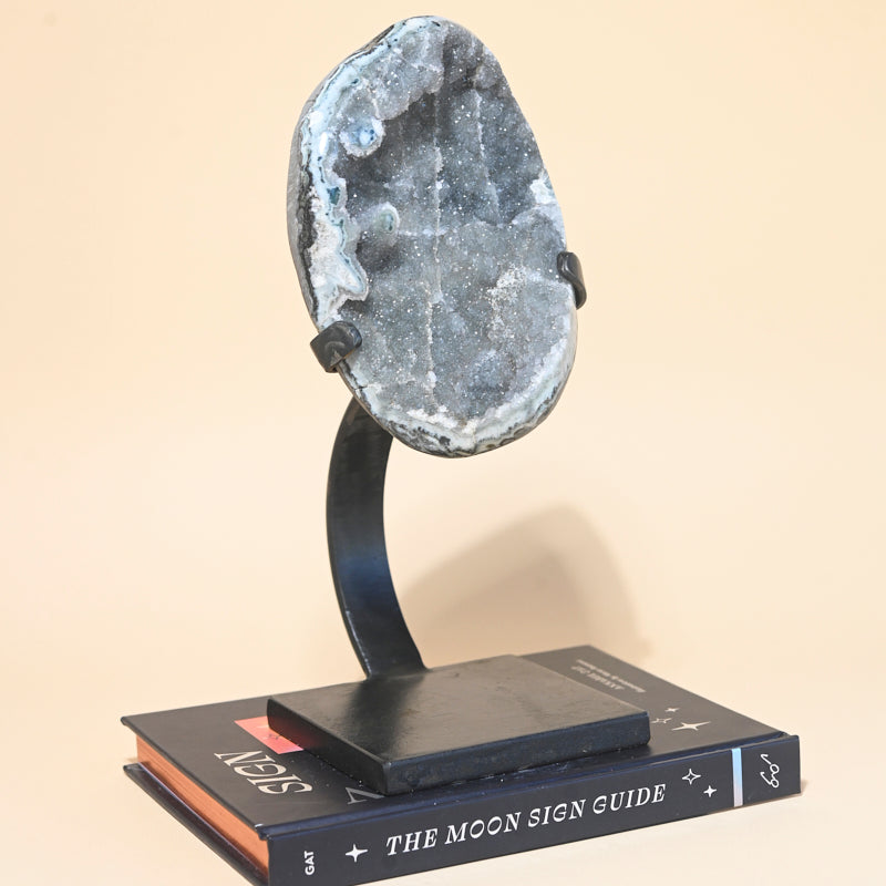 Natural Green Amethyst Geode on Wooden Stand - 4.8 lbs Raw Crystal Specimen for Home Decor, Meditation & Healing | Perfect for Living Room, Office or Gift