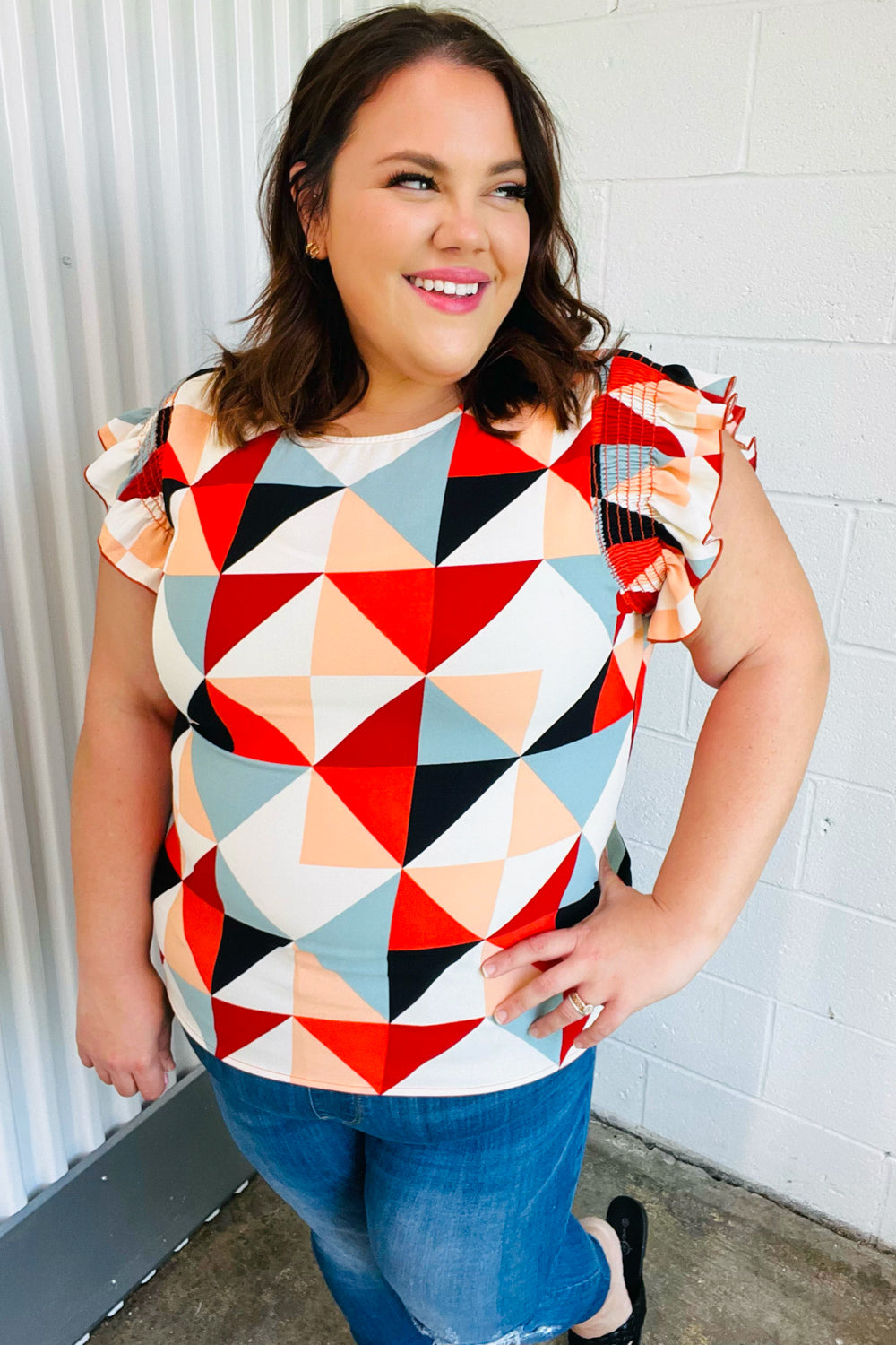 Stylish Burnt Orange Geo Print Smocked Ruffle Sleeve Blouse for Women | Trendy Casual & Party Wear | Perfect for Date Nights, Office Outfits & Summer Fashion