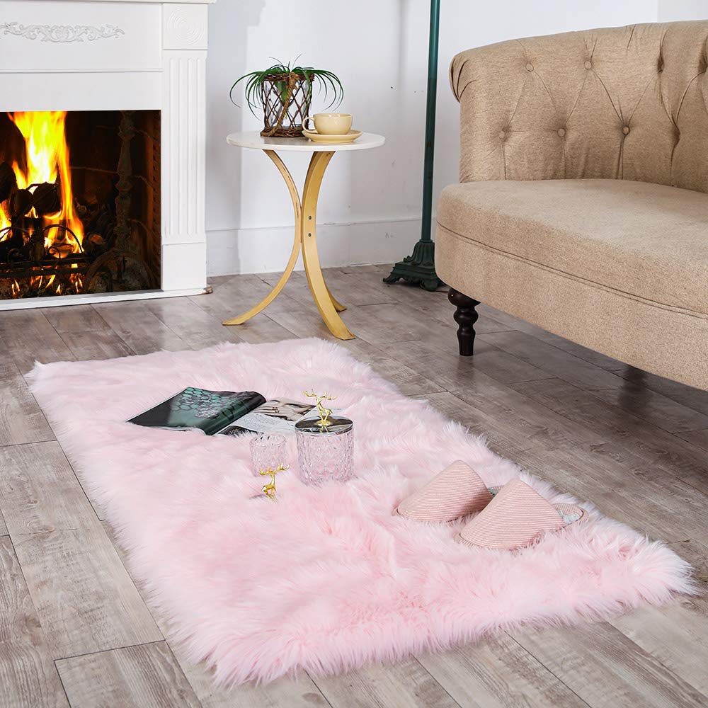 Luxury Soft Faux Sheepskin Fur Area Rug - 2.3ft x 5ft Plush Floor Mat for Bedroom, Living Room, Sofa Cover & Seat Pad - Pink | Cozy Home Decor, Perfect for Bedside, Nursery & Pet-Friendly Spaces