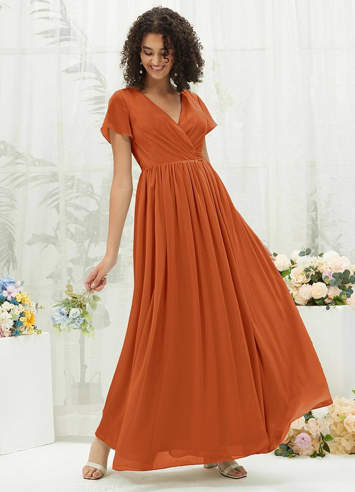 Elegant Burnt Orange Chiffon Short Sleeve V-Neck Wrap Pleated Bridesmaid Dress for Wedding Party, Formal Occasions and Special Events