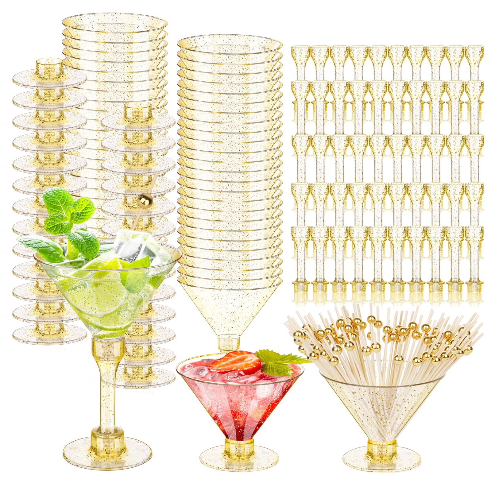 50 Pack Disposable Plastic Martini Glasses - 5 oz Gold Glitter Cocktail Cups with 100 Cocktail Sticks | Perfect for Weddings, Home Parties, Bars, and Outdoor Events - Elegant Drinkware for Margaritas, Cocktails, and Beverage Serving