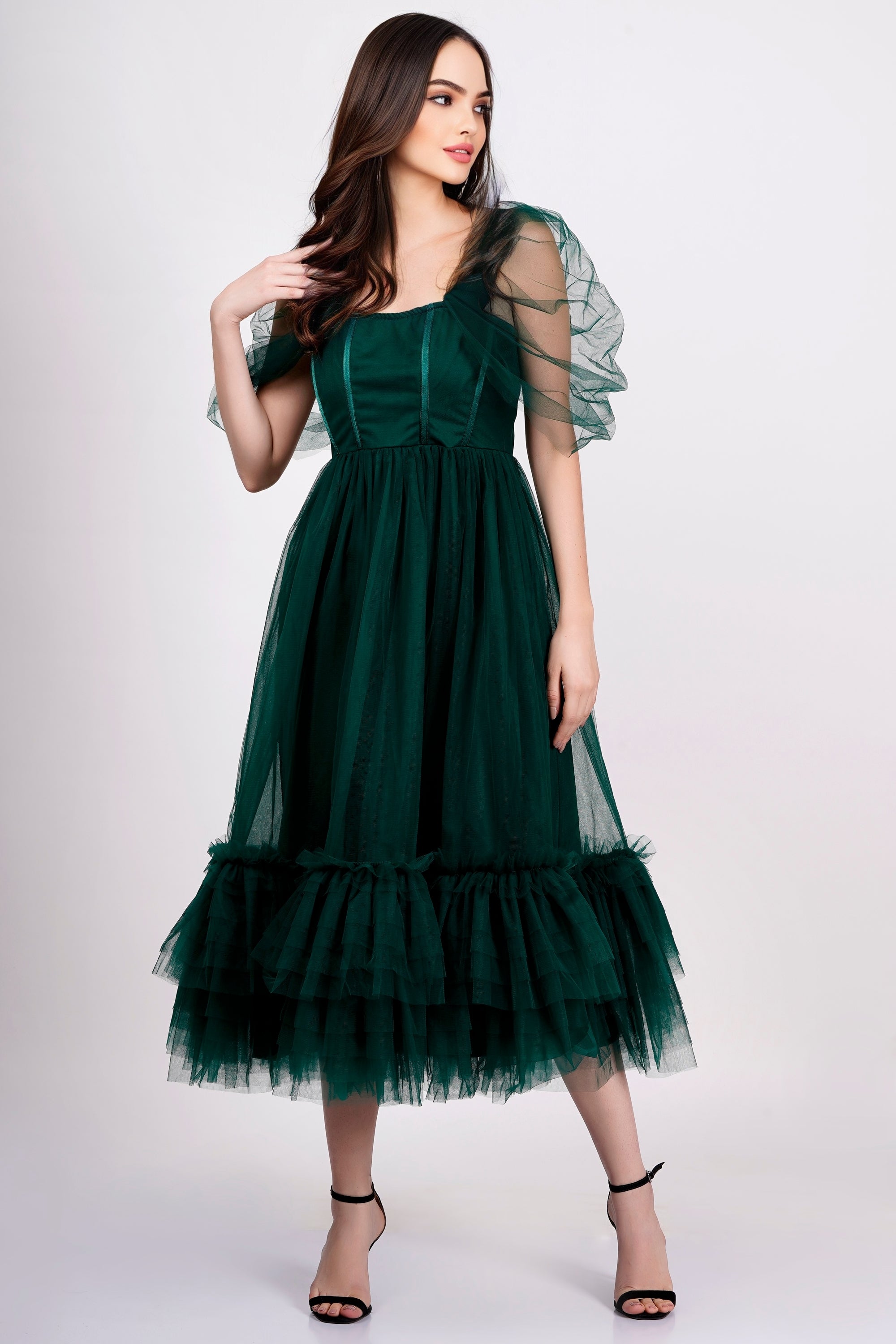Jayne Emerald Green Tulle Midi Dress for Women - Elegant Party & Wedding Guest Dress - Perfect for Cocktail Parties, Bridesmaid, Prom & Special Occasions