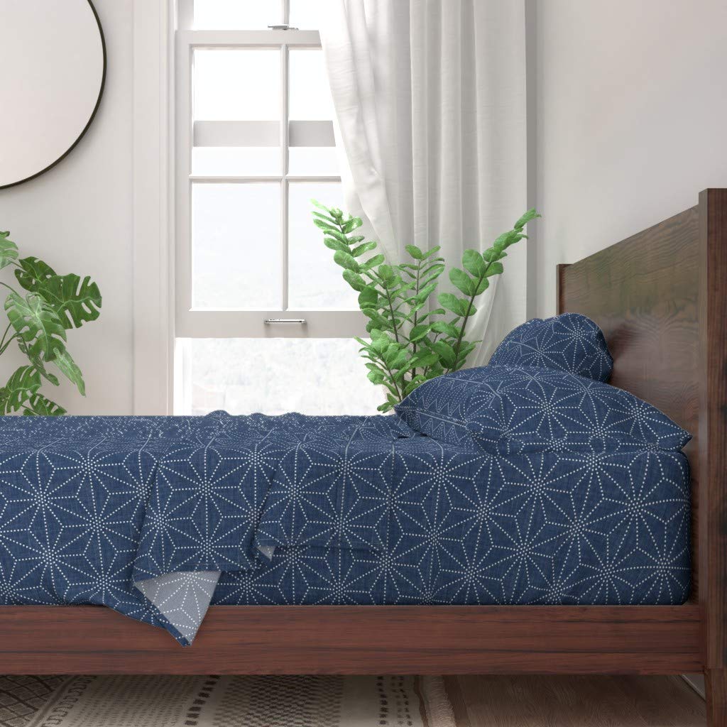 Shibori Stars Boho Blue 100% Cotton Twin Sheet Set - 3 Piece Japanese Inspired Navy Geometric Print Bedding for Bohemian Style Bedroom Decor