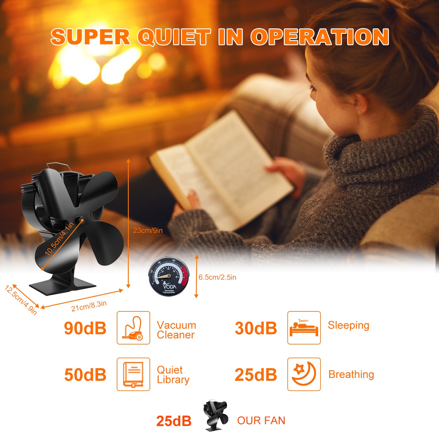 Efficient Air Flow Wood Burning Stove Fan with Magnetic Thermometer - Eco-Friendly Heat Circulation for Fireplace, Cabin, and Camping Use