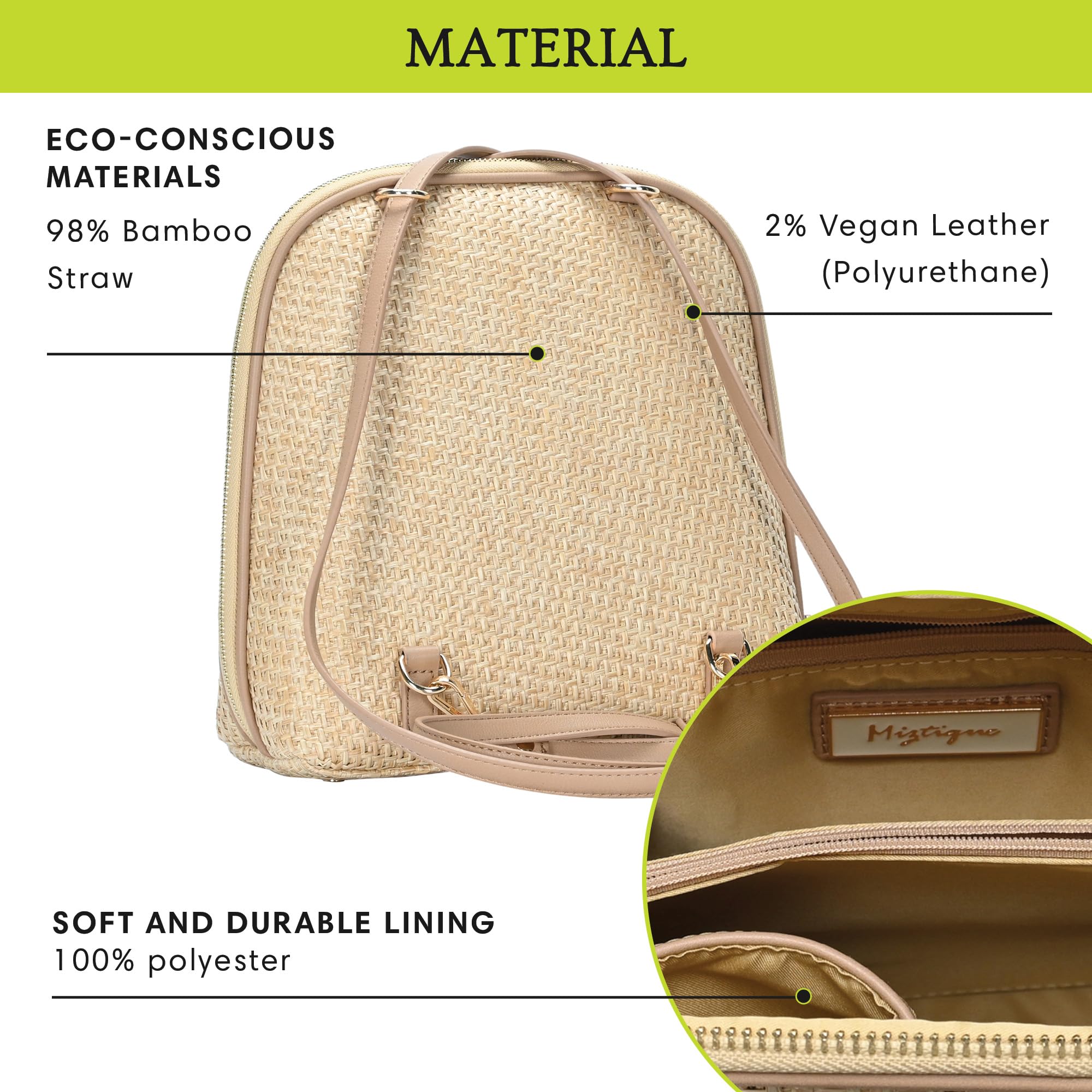 Miztique Women's Daisy Bamboo Straw Convertible Backpack Purse (Camel) - 2-in-1 Shoulder Bag & Backpack - Eco-Friendly Fashion Accessory - Perfect for Travel, Work, and Daily Use - 10.5