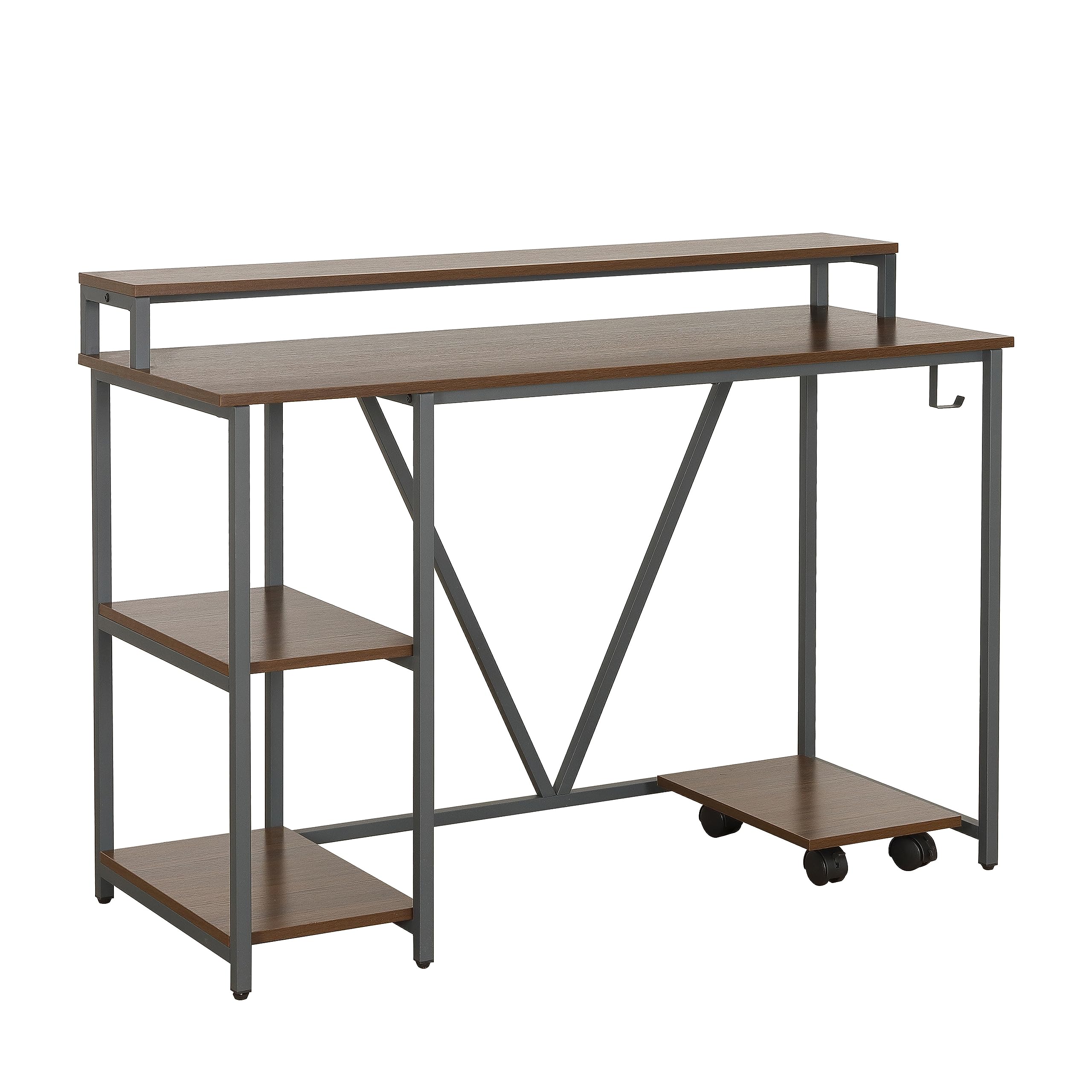 Techni Mobili Industrial Walnut Computer Desk with Storage Shelves, Monitor Stand, CPU Caddy & 2-Tier Bookshelf - Perfect Home Office Laptop Table for Small Spaces & Modern Workstations