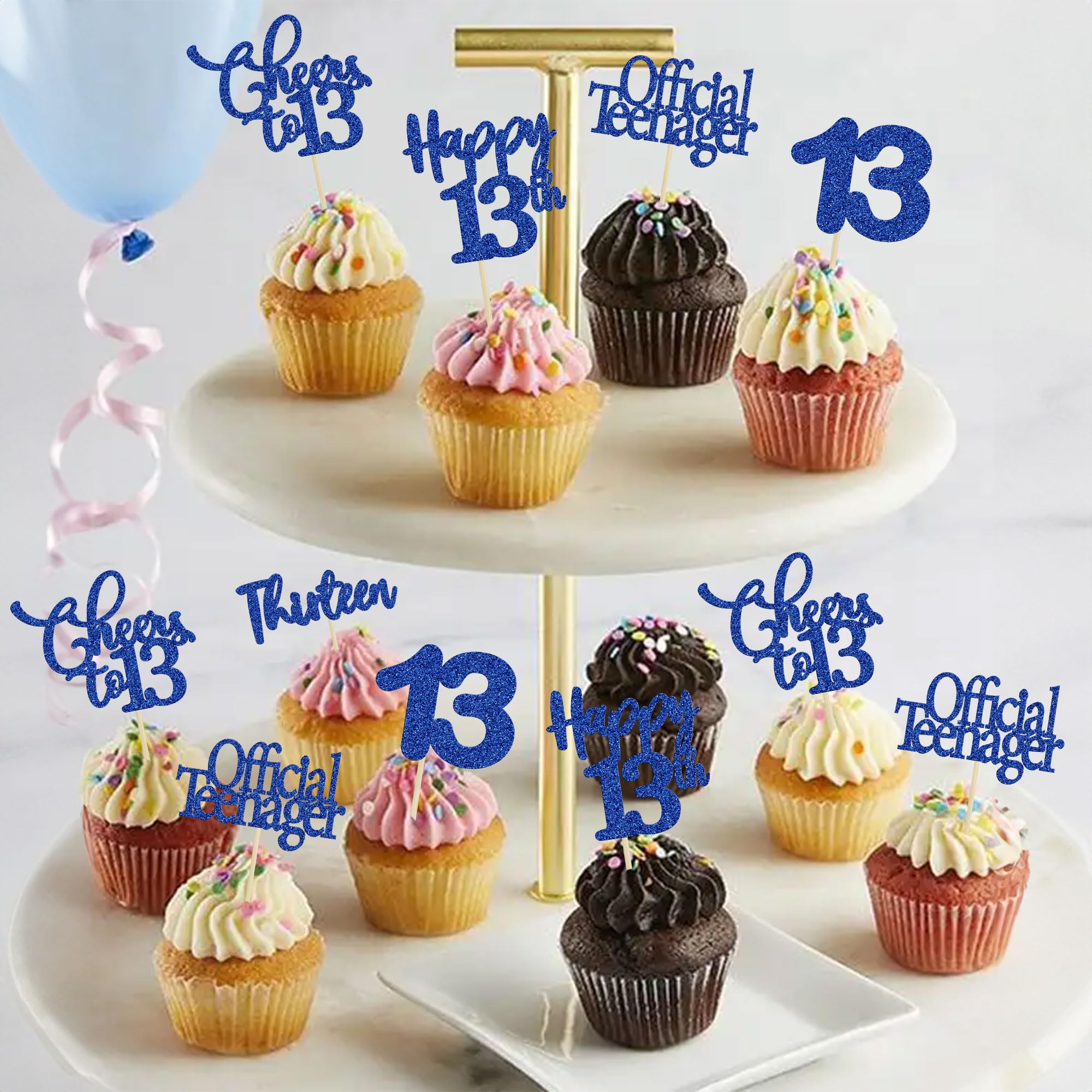 30 Pack Happy 13th Birthday Cupcake Toppers - Dark Blue Glitter 13 Number Cake Decorations for Teen Birthday Party, Anniversary Celebration - Perfect for Cupcakes, Cakes, and Dessert Table Decor
