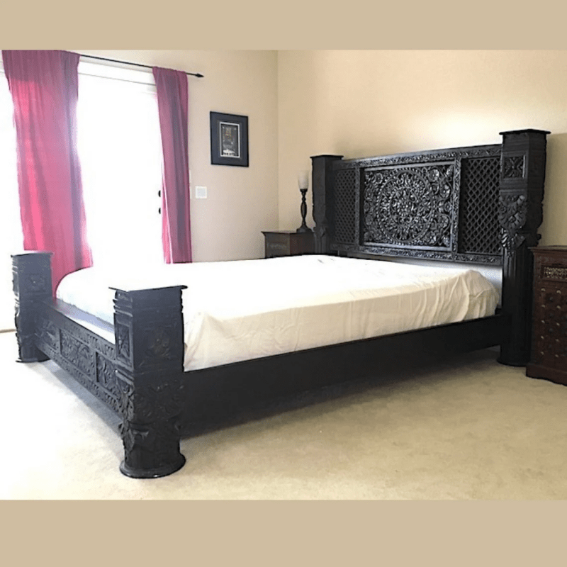 Hand Carved Solid Wood Bedroom Bed Frame - Elegant Black Finish with Intricate Carvings | Perfect for Master Bedrooms, Guest Rooms & Luxury Home Decor