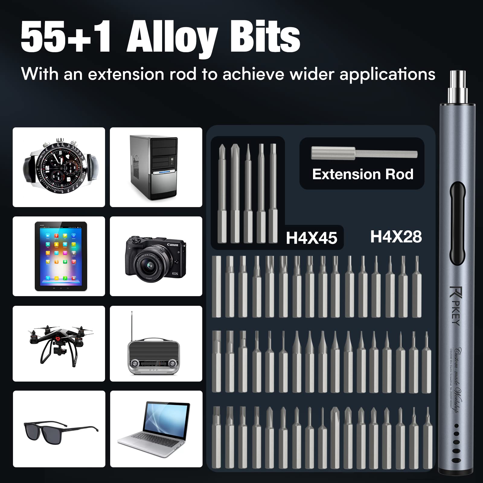 PKEY Cordless Electric Screwdriver Kit - 55 Magnetic Precision Bits, 2 Torque Settings & 3 LED Lights | Perfect for DIY, Home Repairs, Computers, Furniture Assembly, Bicycles, Watches and Electronics